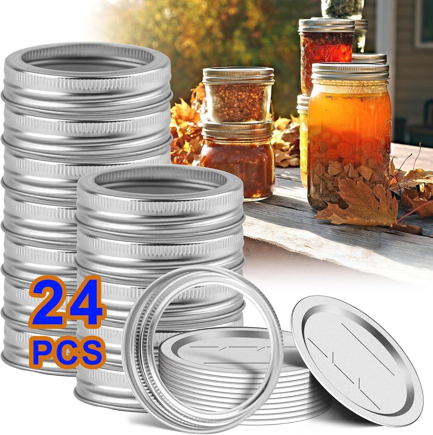 Wide Mouth Mason Jar Lids and Bands Set, 24 Pieces, 86Mm, Silver