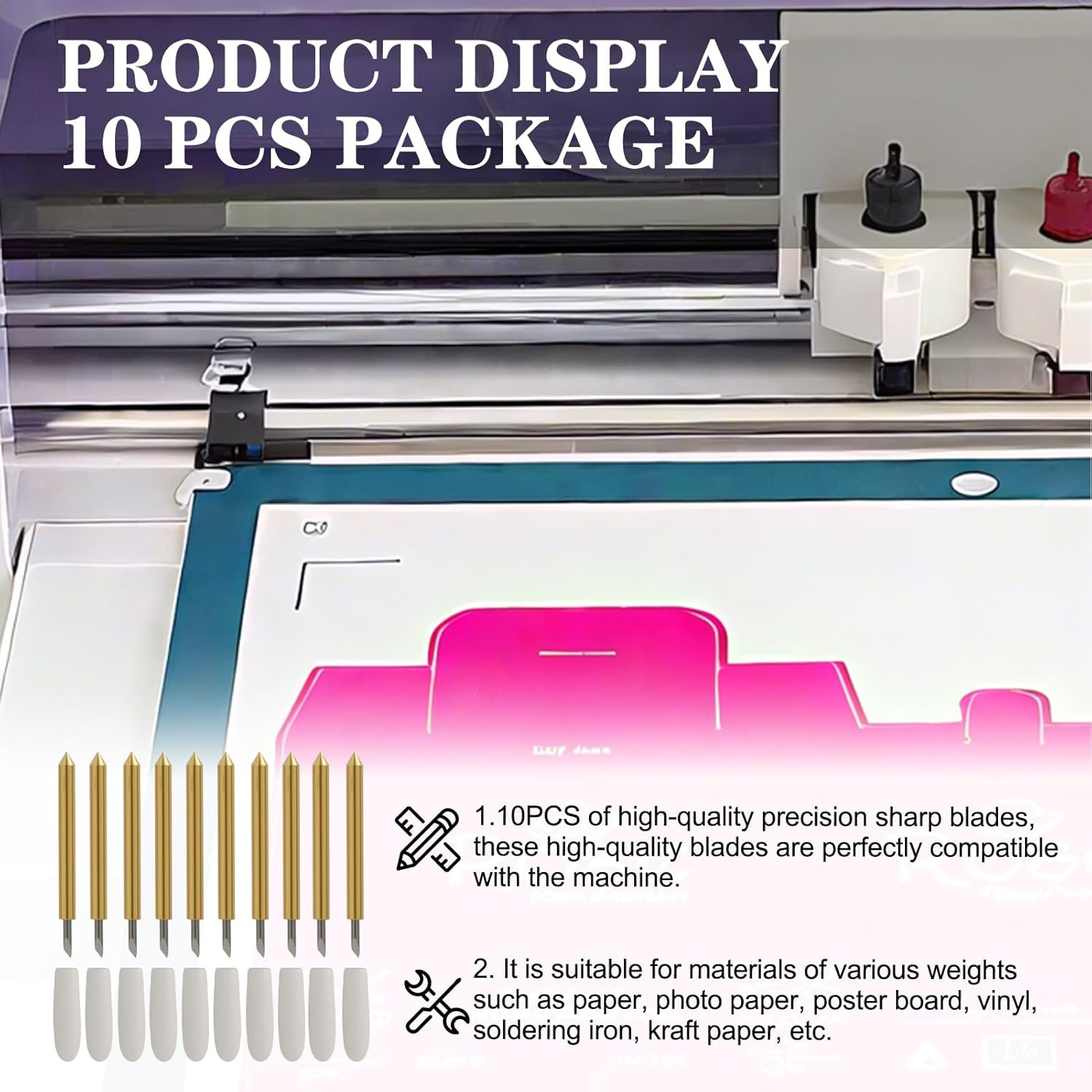 10PCS Premium Fine Point Blades Compatible with Maker 4/Maker 3/Maker/Explore 4/Explore Air 3, Industrial White Packaging Titanium Tip for Glitter Vinyl Cardstock HTV Vellum image number 1