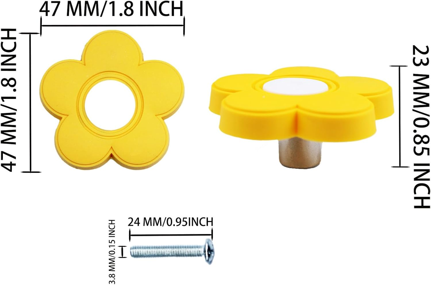 6Pcs Yellow Flower Shape Knobs - Soft Rubber Handles, Cabinet Drawer Pulls for Kids' Rooms & Closets, 1.8X1.8X0.85 Inch with Screws