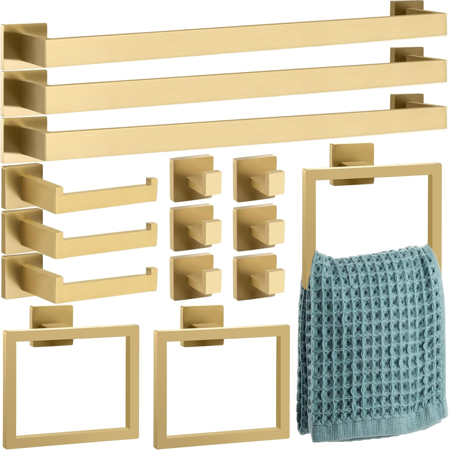Gisafai 15 Pcs Bathroom Hardware Accessories Set, 23.6 Inch Bath Towel Bar Kit, Stainless Steel Bathroom Hardware Set, Towel Racks for Bathroom Wall Mounted (Brushed Gold)