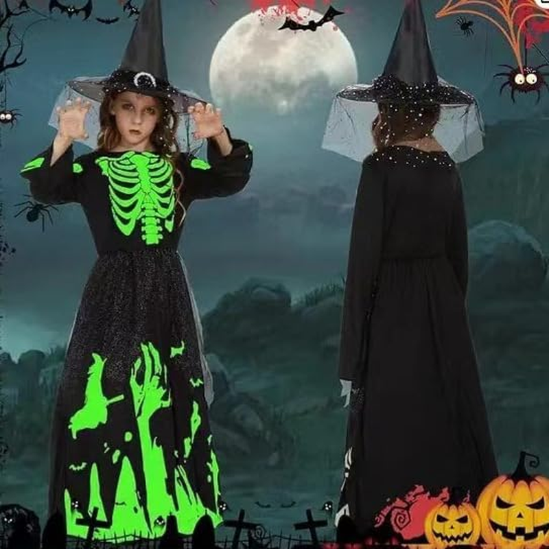 Halloween Skeleton Witch Costume with Pointed Hat,Glow in the Dark,Halloween Holiday Dress Long Sleeve for Girls image number 6
