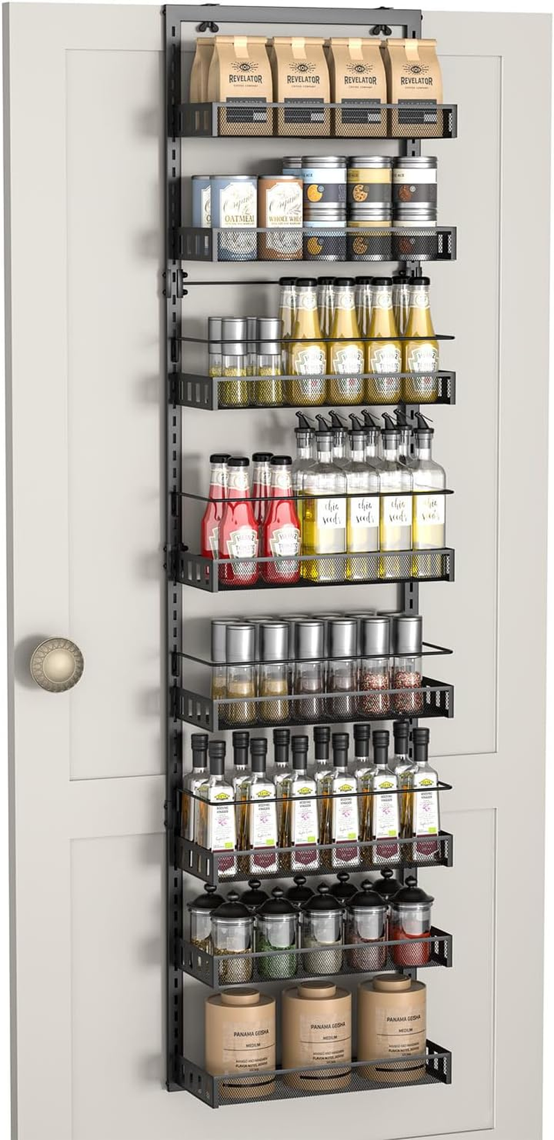 TOPWE over the Door Organizer, 8 Tiers Metal Hanging Door Storage, Adjustable Pantry Storage Organizer with Hook for Each Layer, Wall Mounted Pantry Organizers and Kitchen Door Spice Rack, Black