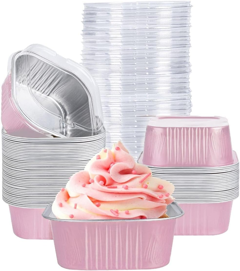 40 Pack Mini Cake Pans with Lids, 5Oz Square Aluminum Foil Brownie Baking Cups, Muffin Tin Ramekins, Disposable Dessert Cupcake Cups for Wedding Birthday Party, White