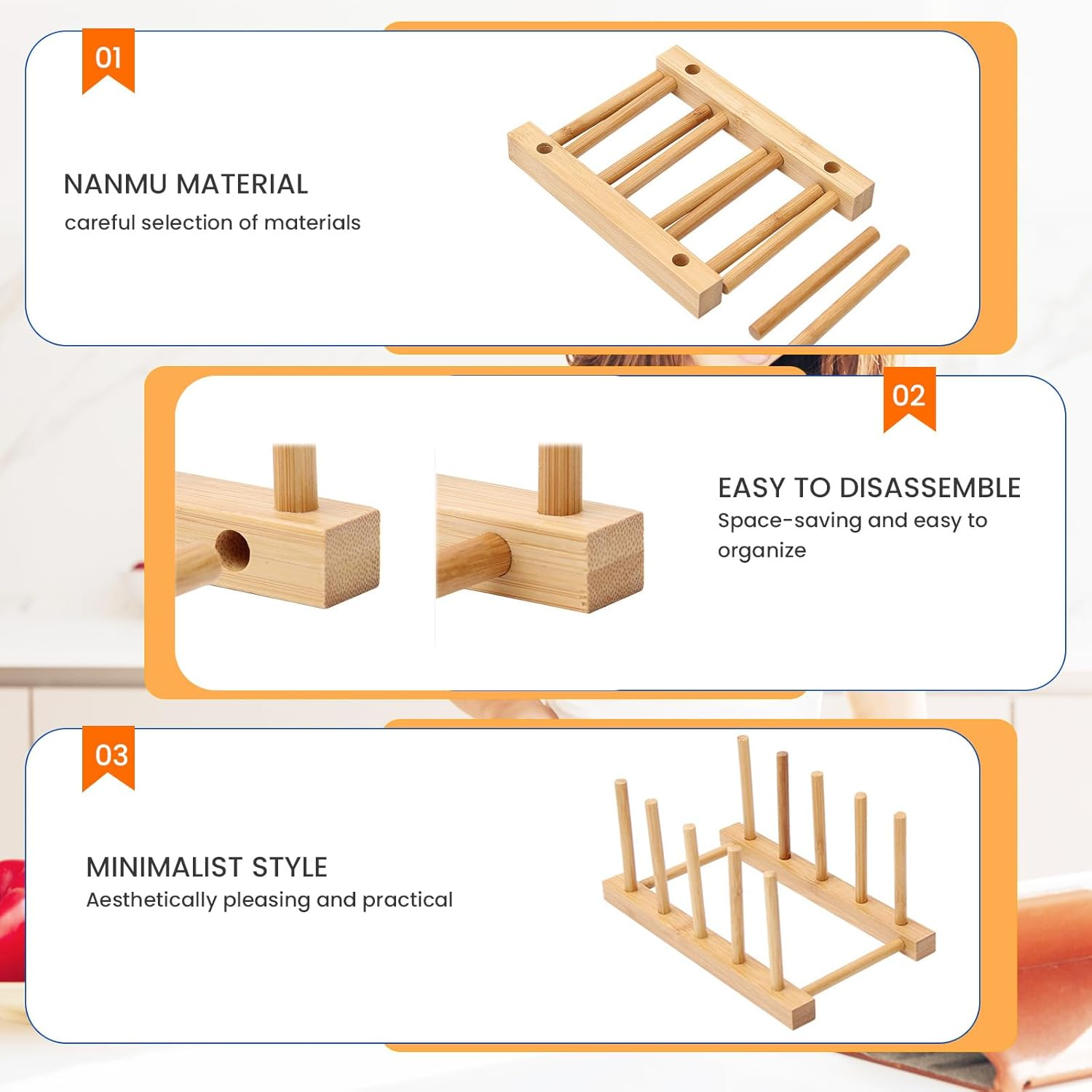 4-Grid Bamboo Wooden Dish Racks Plate Stand Holder Vertical Drainer Kitchen Cabinet Organizer for Dish, Pots, Lids, Bowls, Cups, and Cutting Boards and Books(22 X 11.5 X 10 Cm) image number 1