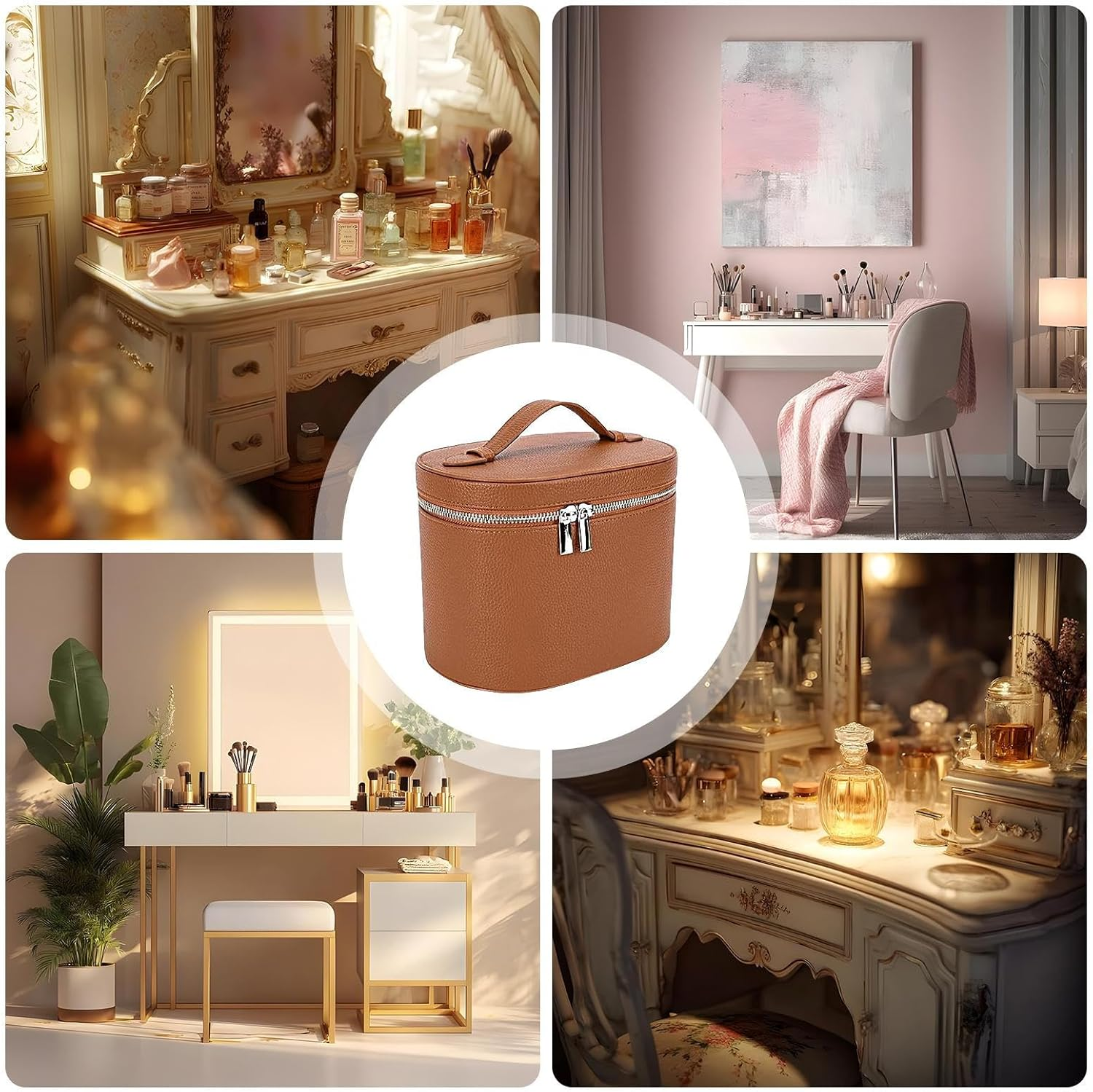 Makeup Bag, PU Leather Vanity Case with Removable Divider, Large Capacity Portable Cosmetic with Multi Pockets, Waterproof Make up Case with Handle and Zipper, Travel Makeup Bag image number 2