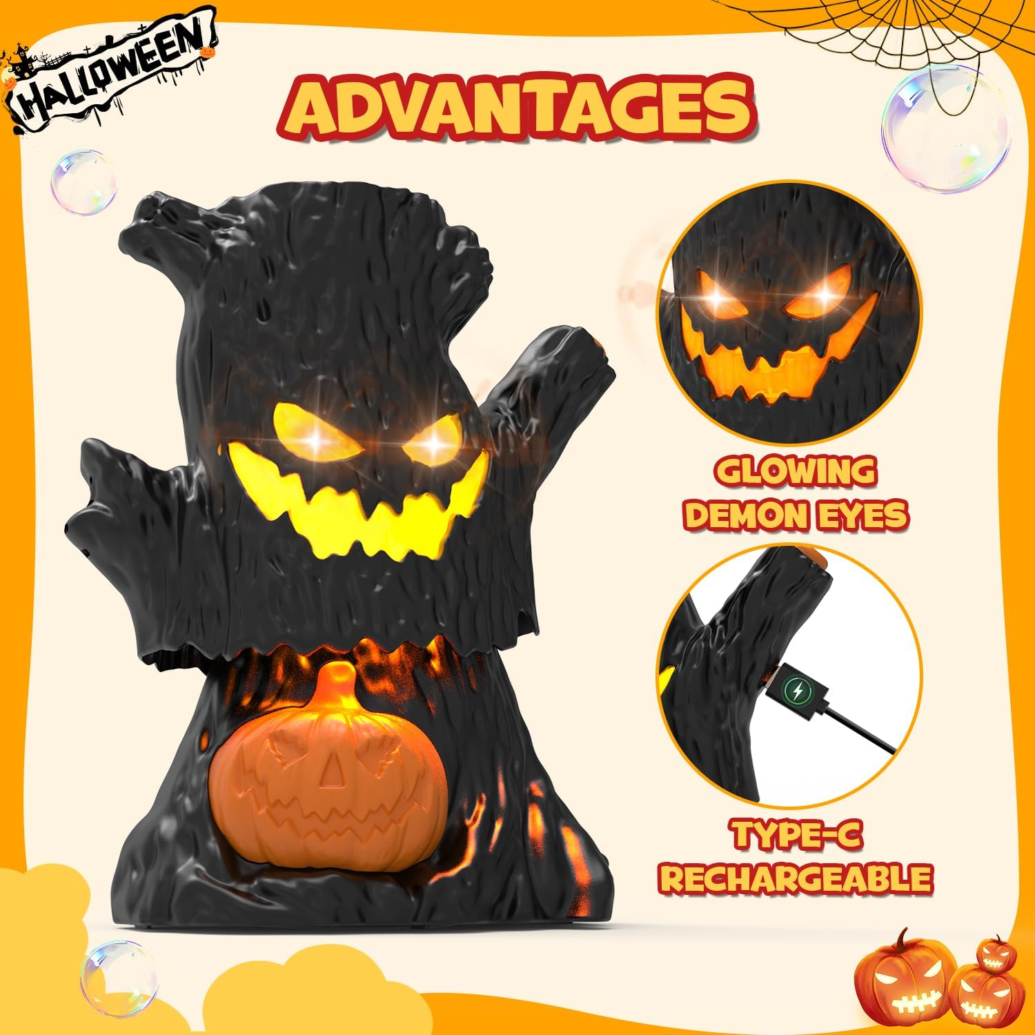 Halloween Bubble Machine, Haunted Stump Bubble Blower, USB Rechargeable, Wobbly Head Fun, Glow Eyes - Halloween Decorations Tree Toys Gifts for Kids, Boys, Girls image number 2