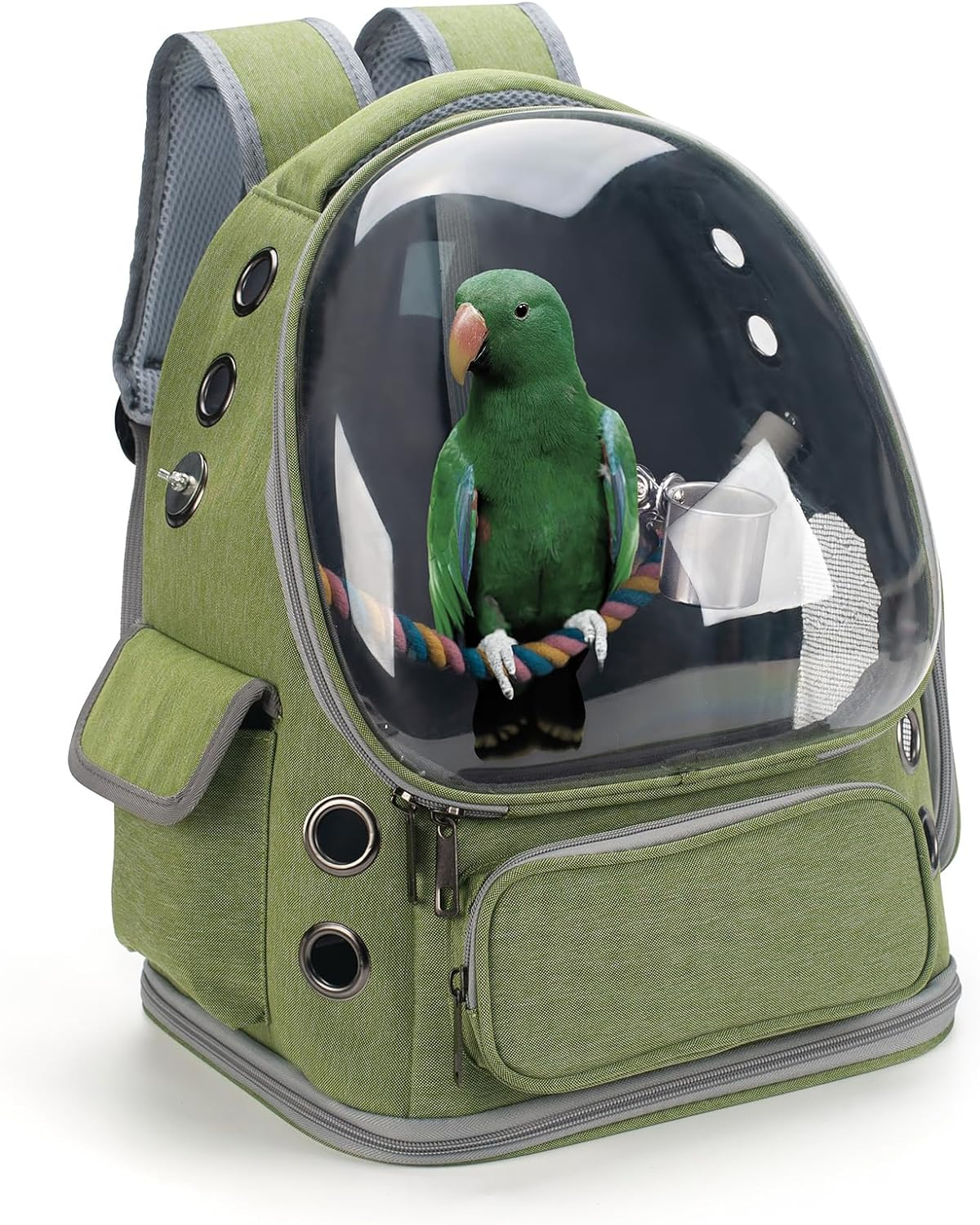 Bird Backpack Carrier Travel Cage with Perch, Tray and Breathable Clear Window, Bird Travel Cage for Cockatiel Caique Conure Quaker, for Vetting Camping Hiking (Grey)