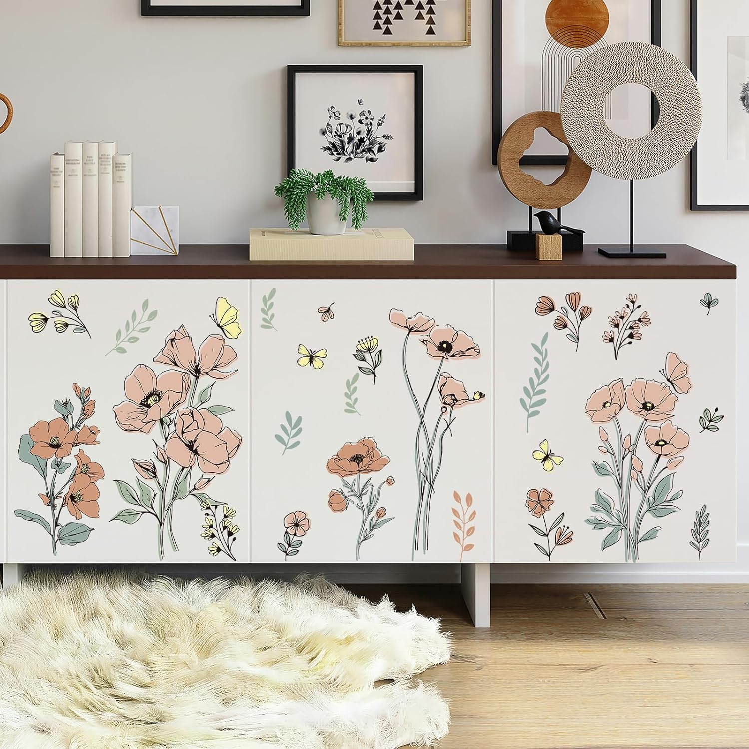 2Pcs Flower Wallpaper, Bohemian Flower Stickers Floral Wallpaper Peel and Stick Retro Flower Wall Stickers Colorful Aesthetic Wall Stickers for Nursery Gift Decoration Room Home (Big Flower) image number 2