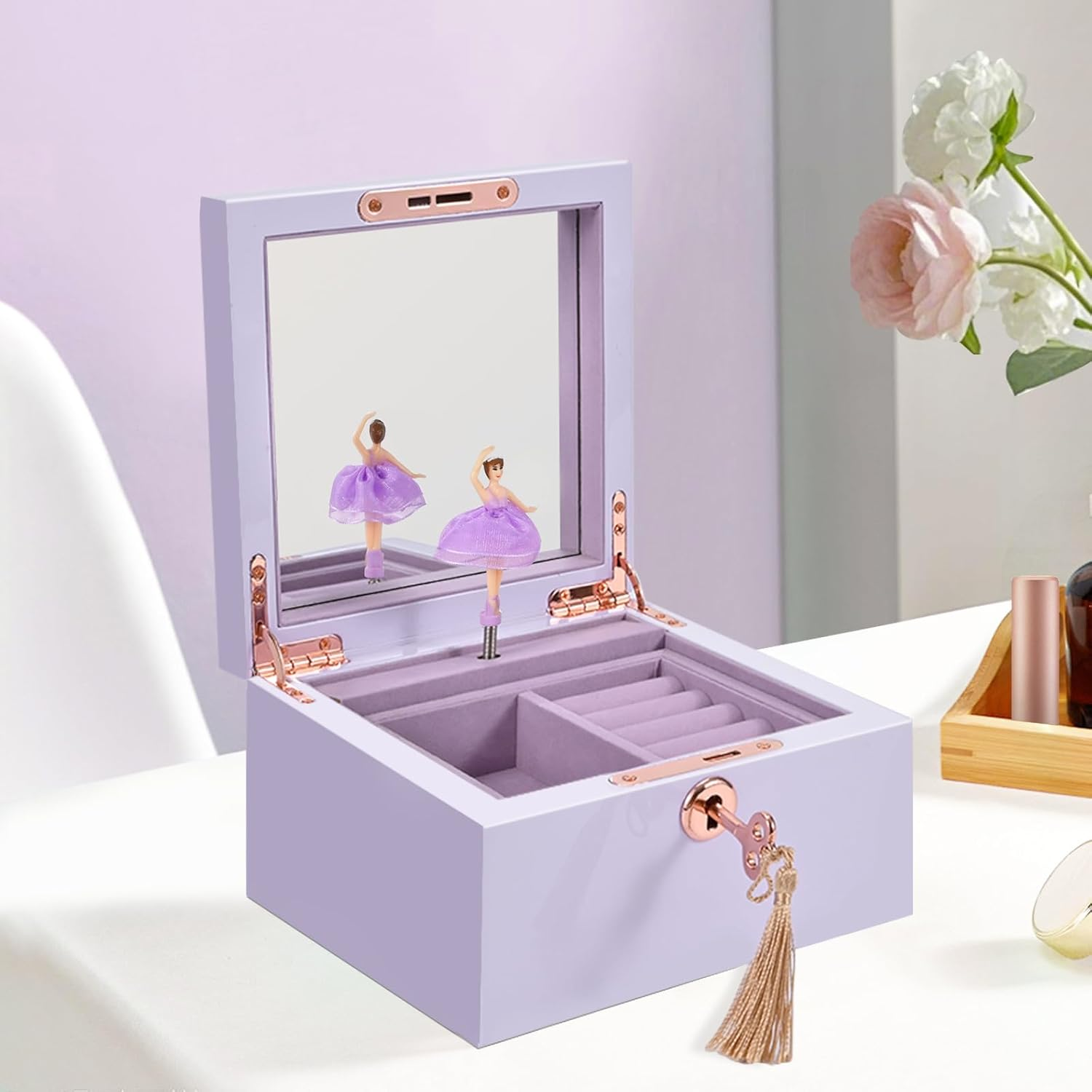 Lihou Papaq Ballerina Musical Jewelry Box -For Girls & Women - Swan Lake Tune, Features Metal Bow, Mirror & Tassel Key - Perfect Gifts for Christmas, Birthdays & Holidays-Purple (Purple-Gloss)