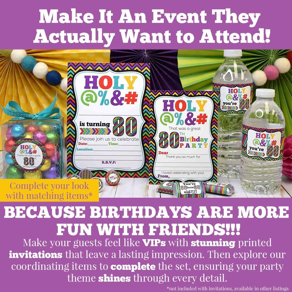 HOLY @% 80Th Birthday Party Invitations, 20 Funny 5"X7" Fill in Cards with Twenty White Envelopes for Milestone Birthdays by Amandacreation image number 4