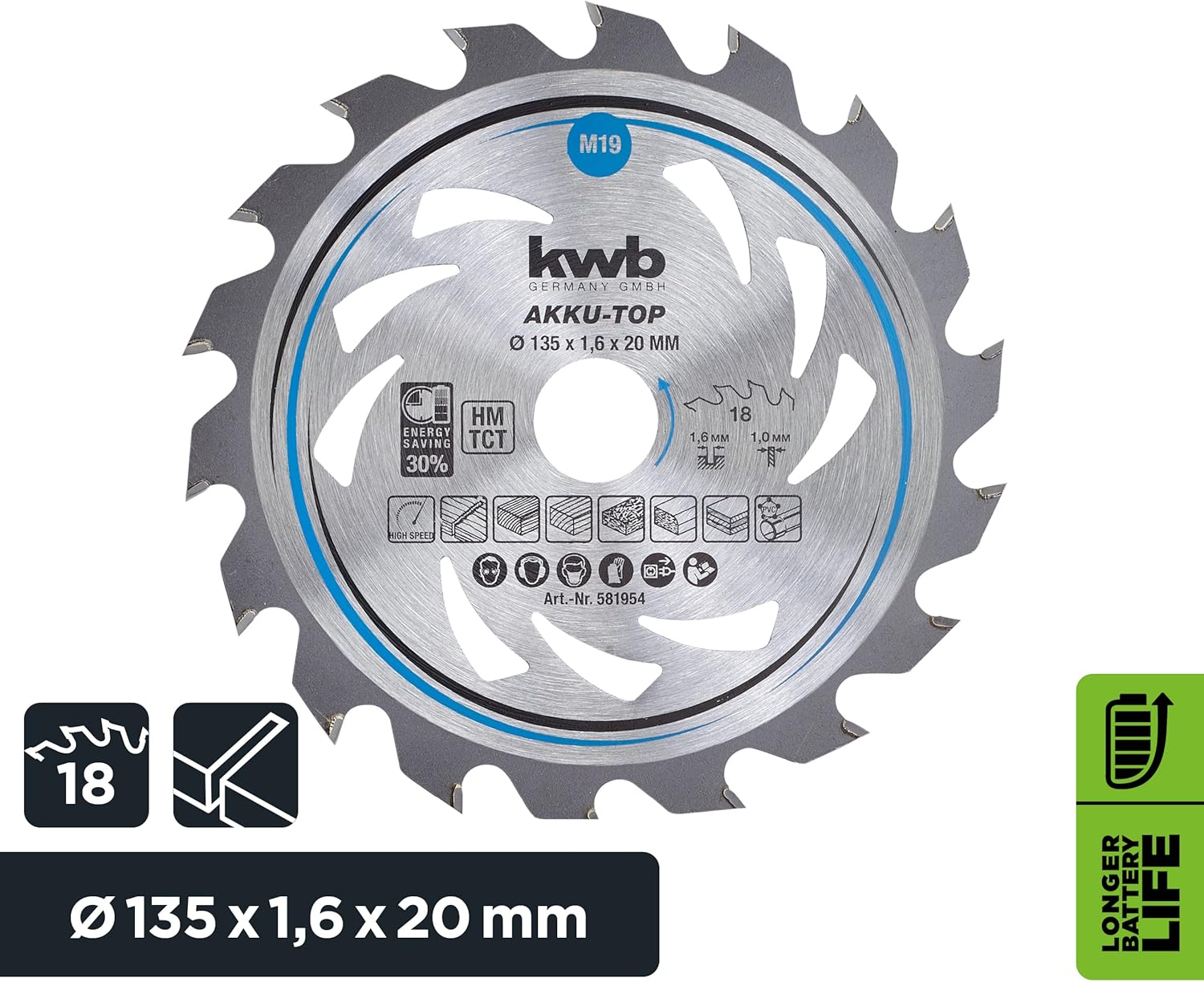 Kwb 581954 Energy-Saving Circular Saw Blade Easy, &Oslash; 135 X 20 Mm Special Alternate Tooth 18 Teeth Z18, AKKU-TOP Thin Cut, 135 X 20 image number 4