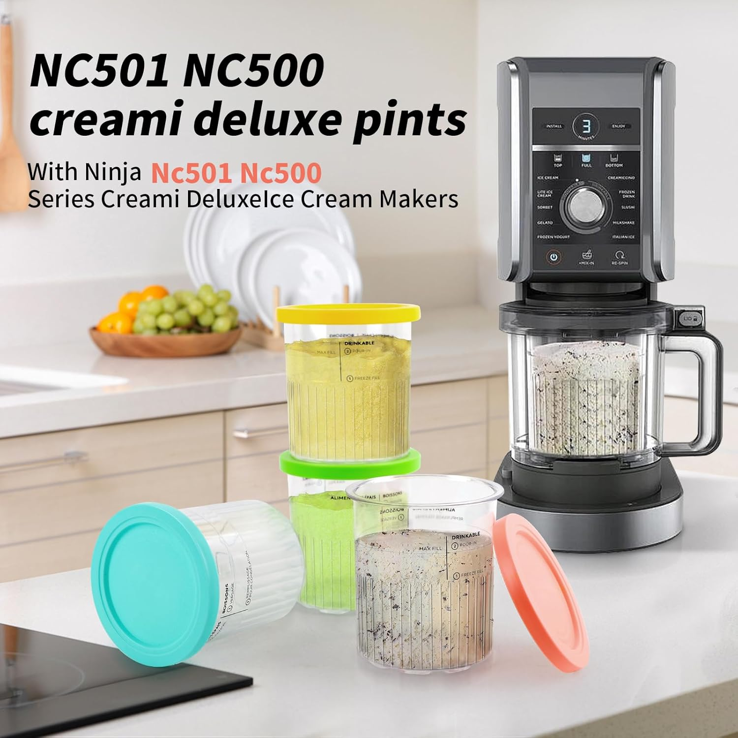 4 Pack Ninja Creami Containers, Ninja Creami Deluxe Compatible with NC299 NC300 NC301 Series Creami Maker Machine Accessories, Food Grade, Leak Proof, Assorted Colors image number 3