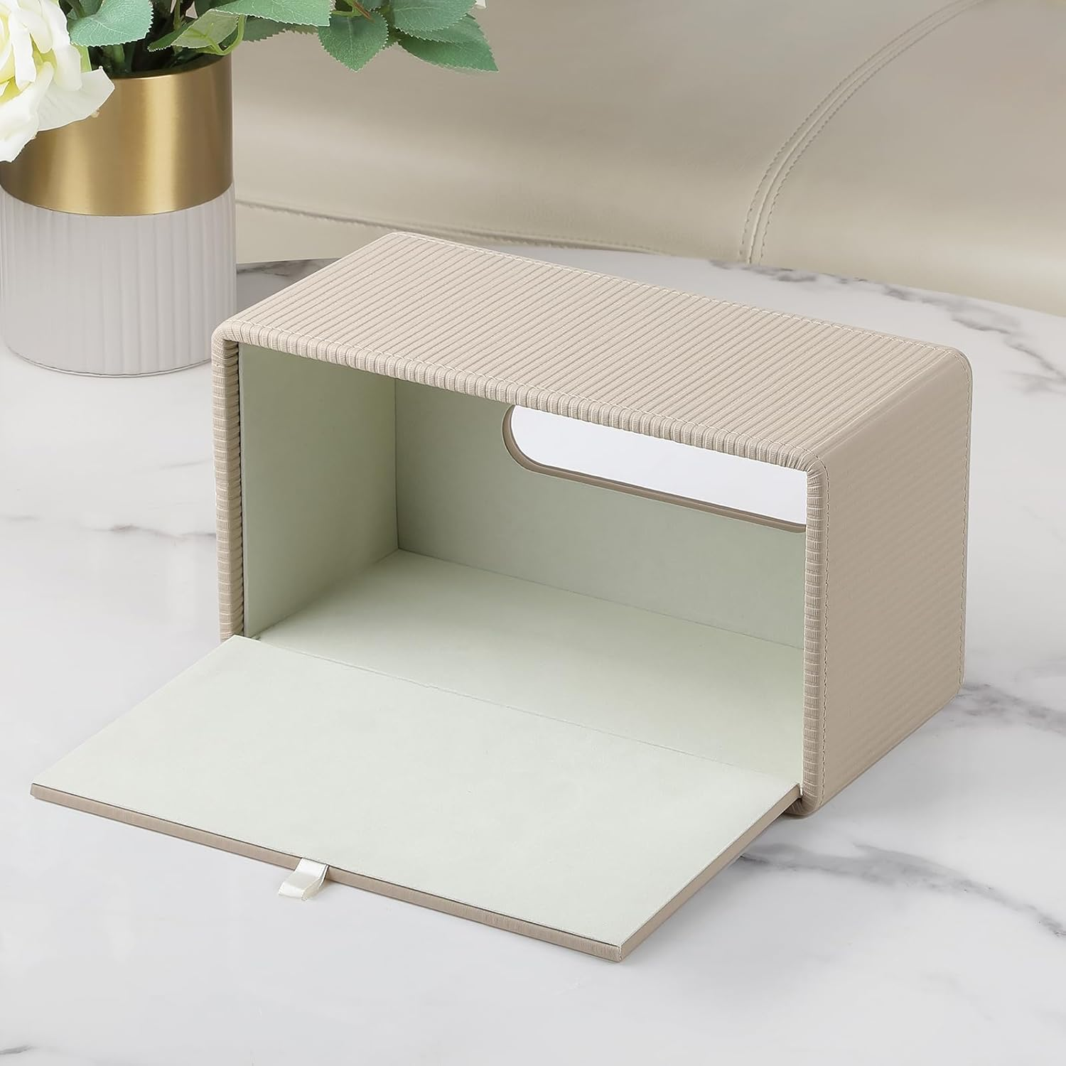 Cretkhp PU Leather Tissue Box Cover with Magnetic Closure, Modern Rectangular Tissue Box Holder Decorative for Bathroom Vanity Countertop Night Stands Bedroom Office (Beige Striped, Rectangular) image number 3