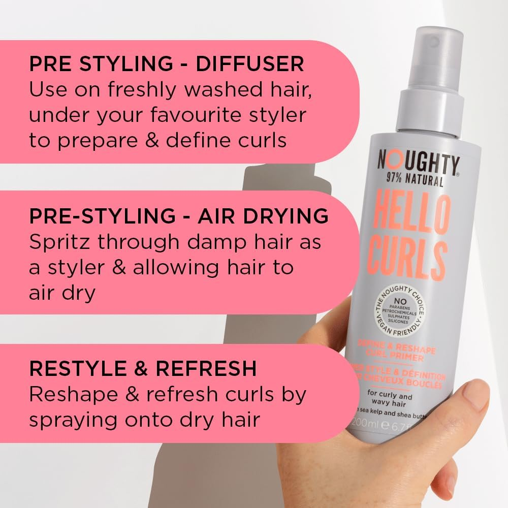 Noughty 97% Natural Hello Curls Define and Re-Shape Curl Primer, 97% Natural Sulphate Free Vegan Haircare, Vitamin Rich Formula for Curly and Wavy Styles, with Sea Kelp and Shea Butter 200 Ml Spray