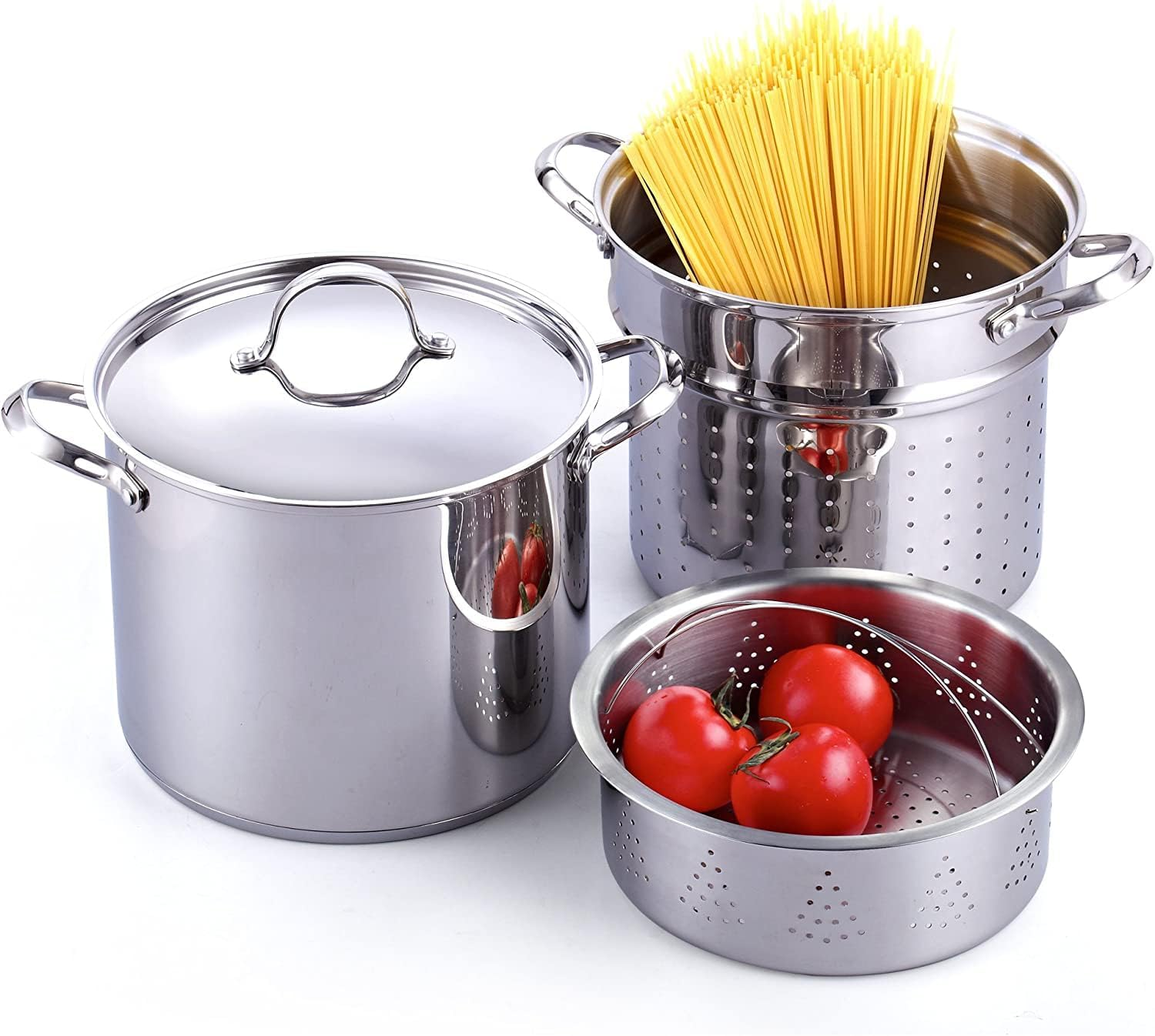Cooks Standard Pasta Pot 18/10 Stainless Steel 12 Quart, Spaghetti Cooker Steamer Stock Pot Multipots with Strainer Insert, Stainless Steel Lid, 4-Piece Set image number 4