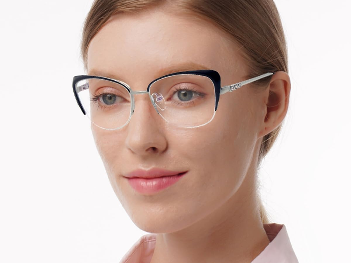 Women Glasses Stylish Half Frame with Rhinestone Cateye Eyeglasses image number 4