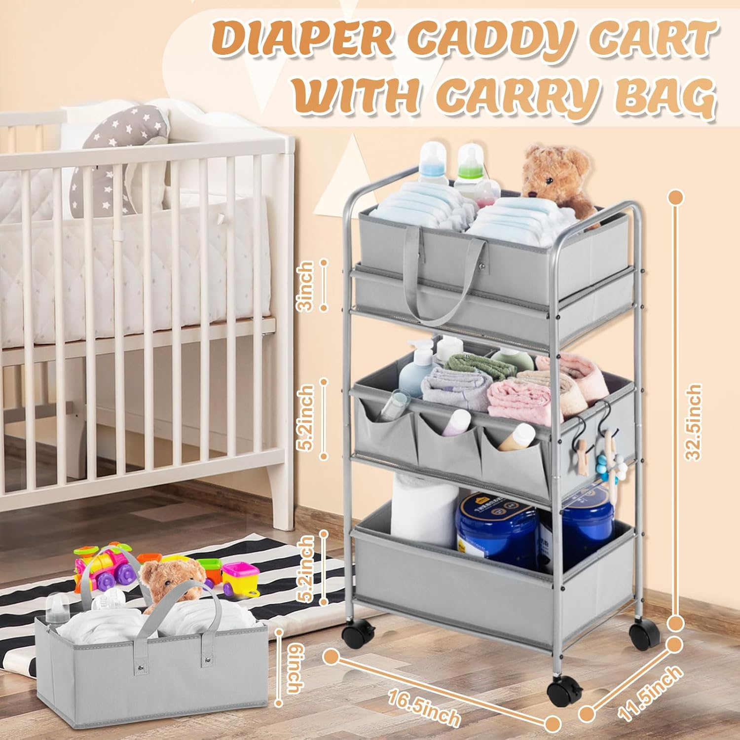 Honeydak 2In1 Baby Diaper Caddy Organizer Cart 3 Tier Large Capacity Metal Utility Bedside Rolling Cart with Divider for Newborn Nursery Essential Must Have for Crib Bedroom Baby Shower(Gray) image number 2