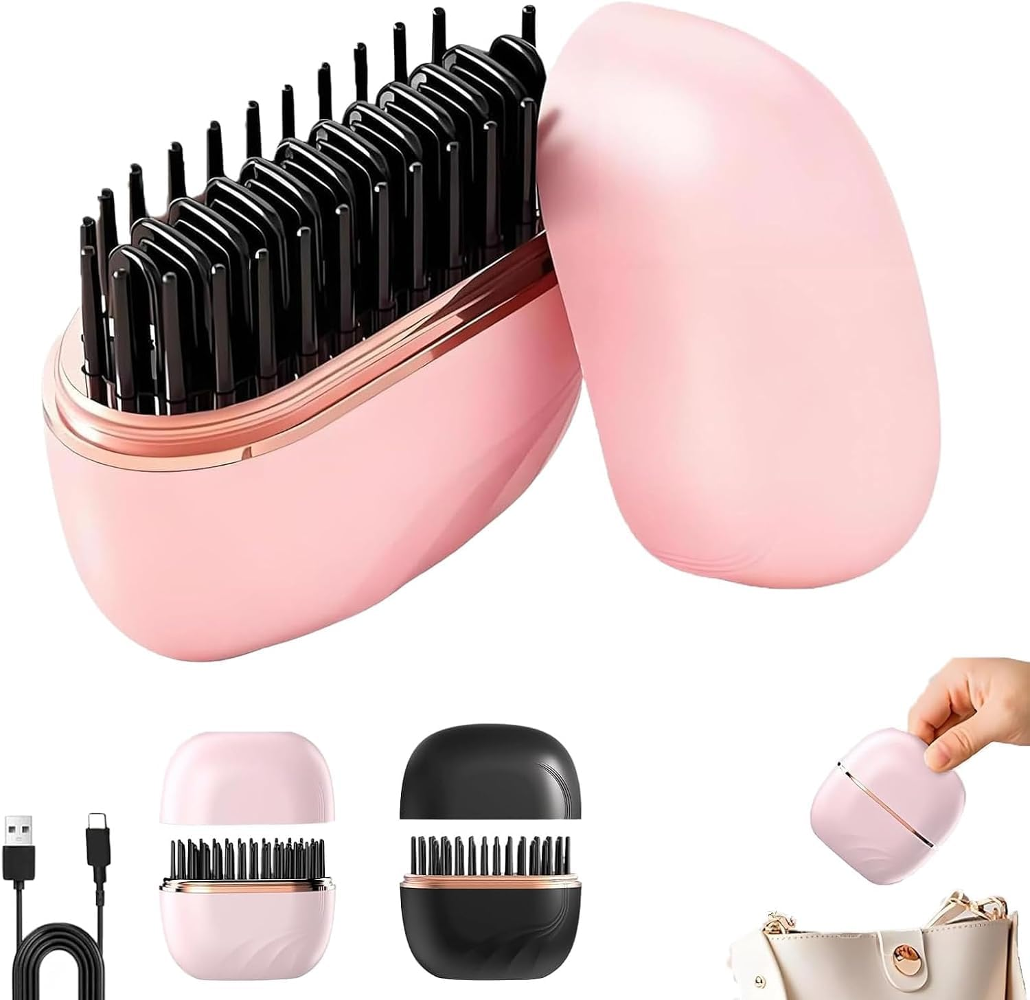 Glambrush Mini Cordless Hair Straightener Comb, 2-In-1 Portable Design with 3-Speed Temperature Control, Anti-Scald Shell (Black)