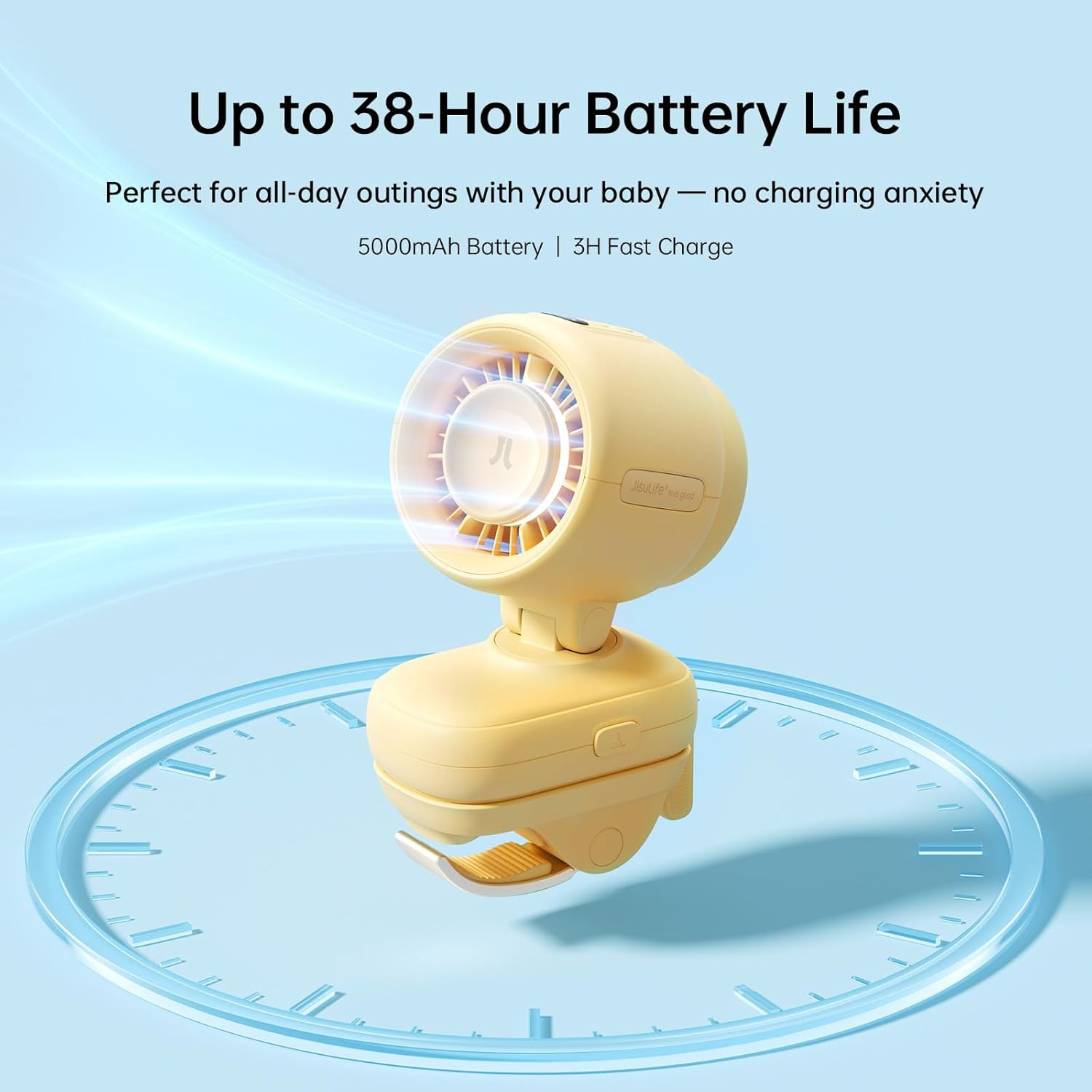 JISULIFE 2026 Stroller Fan &ndash; Small & Stylish with 38H Cooling, Soft Night Light, One‑Click Detachable for Stroller or Desk, Safe Baby Fan for Crib Car Seat Nursery Travel, Gifts for Baby Mom (Yellow) - Blue image number 5