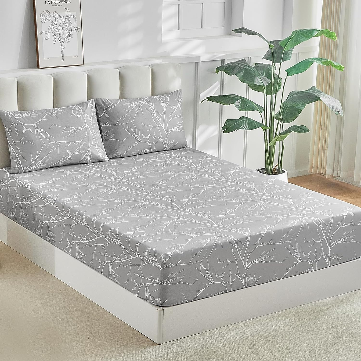 Tokokimo Fitted Sheet 160 X 200 Cm, 35 Cm Large Pockets with 2 Pillowcases 50 X 80 Cm - Soft, Double-Sided Microfibre Duvet Cover with Branch Motif, Grey/White image number 5