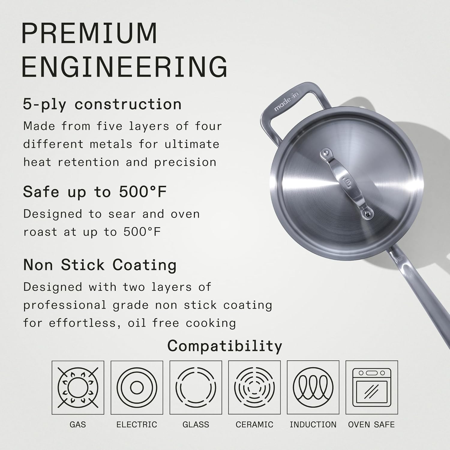 Made in Cookware - Procoat 4 Quart Non Stick Sauce Pan with Lid - Graphite - 5 Ply Stainless Clad Nonstick Saucepan - Professional Cookware - Crafted in Italy - Induction Compatible