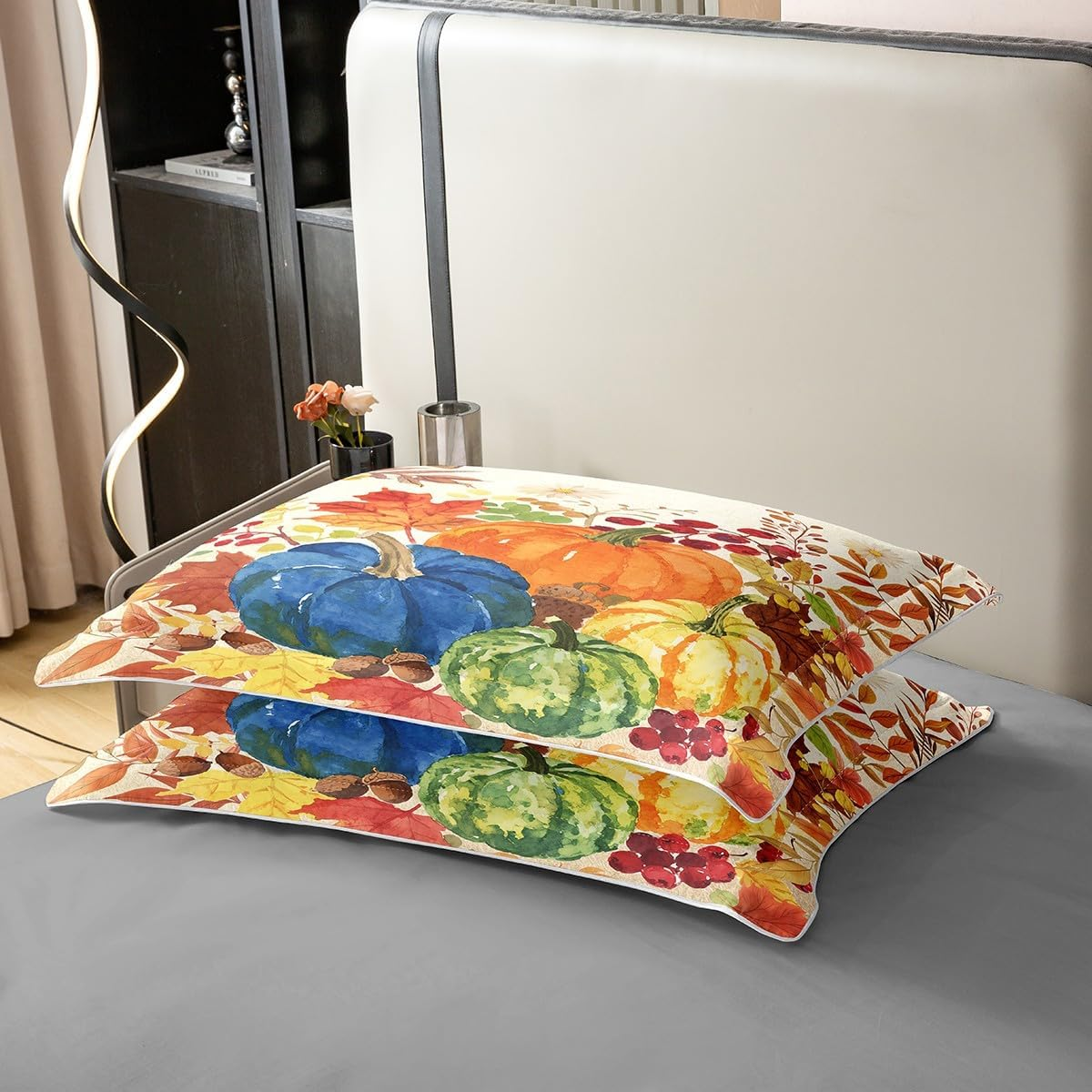 Homewish Aesthetic Watercolour Prints Pumpkin Cotton Duvet Cover for Children Boys Teenagers Maple Leaves Bed Linen 155 X 220 Cm Autumn Plants Flowers Leaves Nut Fruit Bedding Set Autumn Harvest Bed image number 3