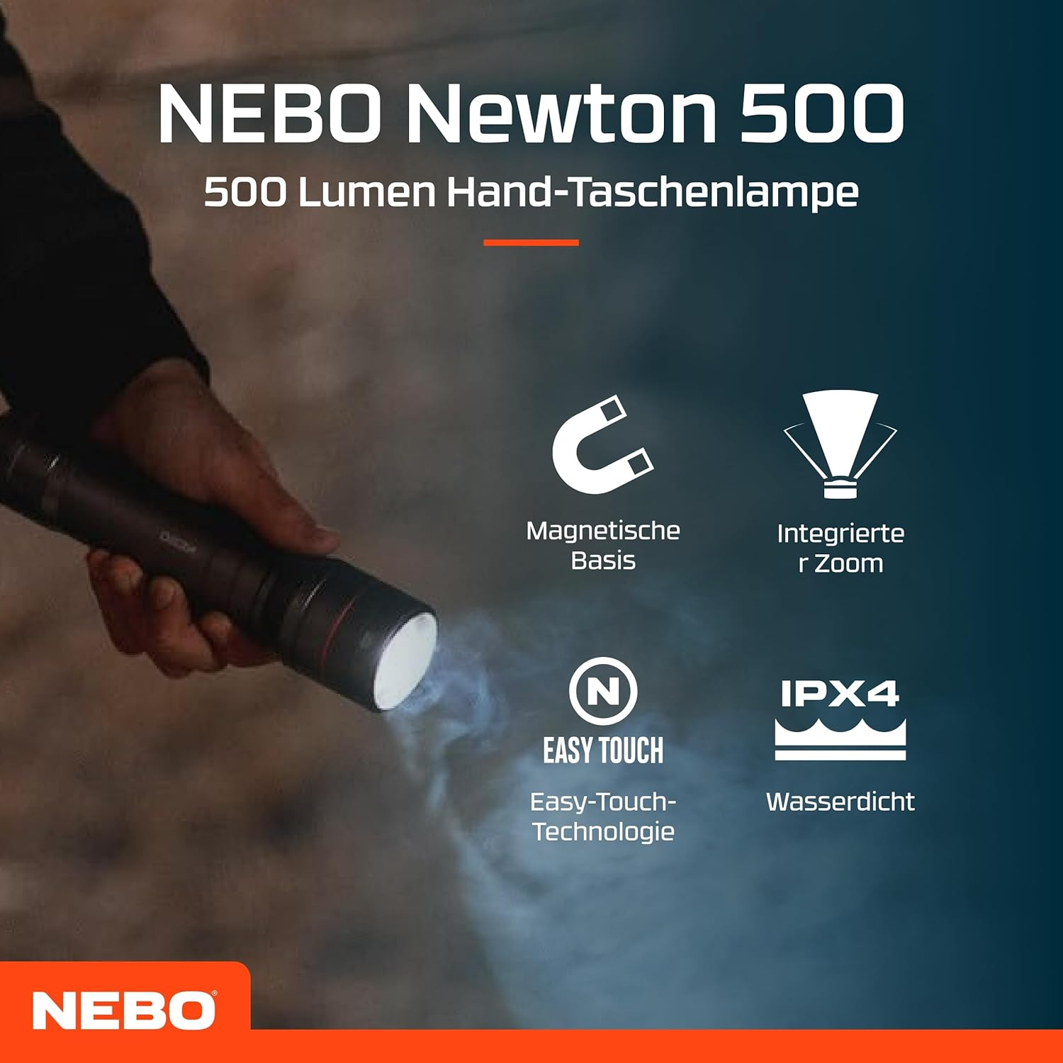 NEBO Newton 500 &ndash; 500 Lumen AAA Handheld Flashlight with 4&times; Zoom, 4 Modes, Magnetic Base, Rear Easy‑Touch Switch, IP67 Waterproof, Aircraft‑Grade Aluminium, Includes AAA Batteries image number 3