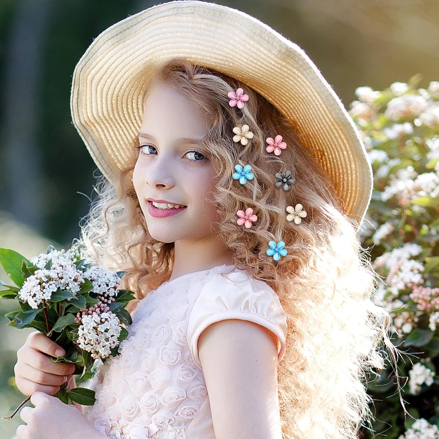 LAPLBEKE Pack of 10 Small Flower Hair Clips, Metal Glittering Side Clips for Girls Women, Cute Pink Hair Accessories (Blue) image number 1