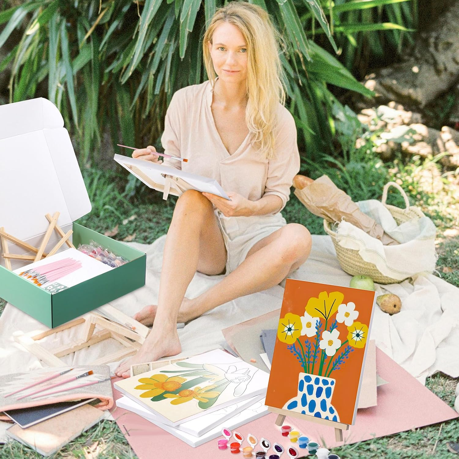 Engrowtic 6 Packs Pre Drawn Canvas Kit for Painting Adult 8 X10 Inch Sip and Paint Kit Flower Painting Pre Printed Canvases with Easel and Brushes for Adults Kids DIY Summer Artist Party image number 3