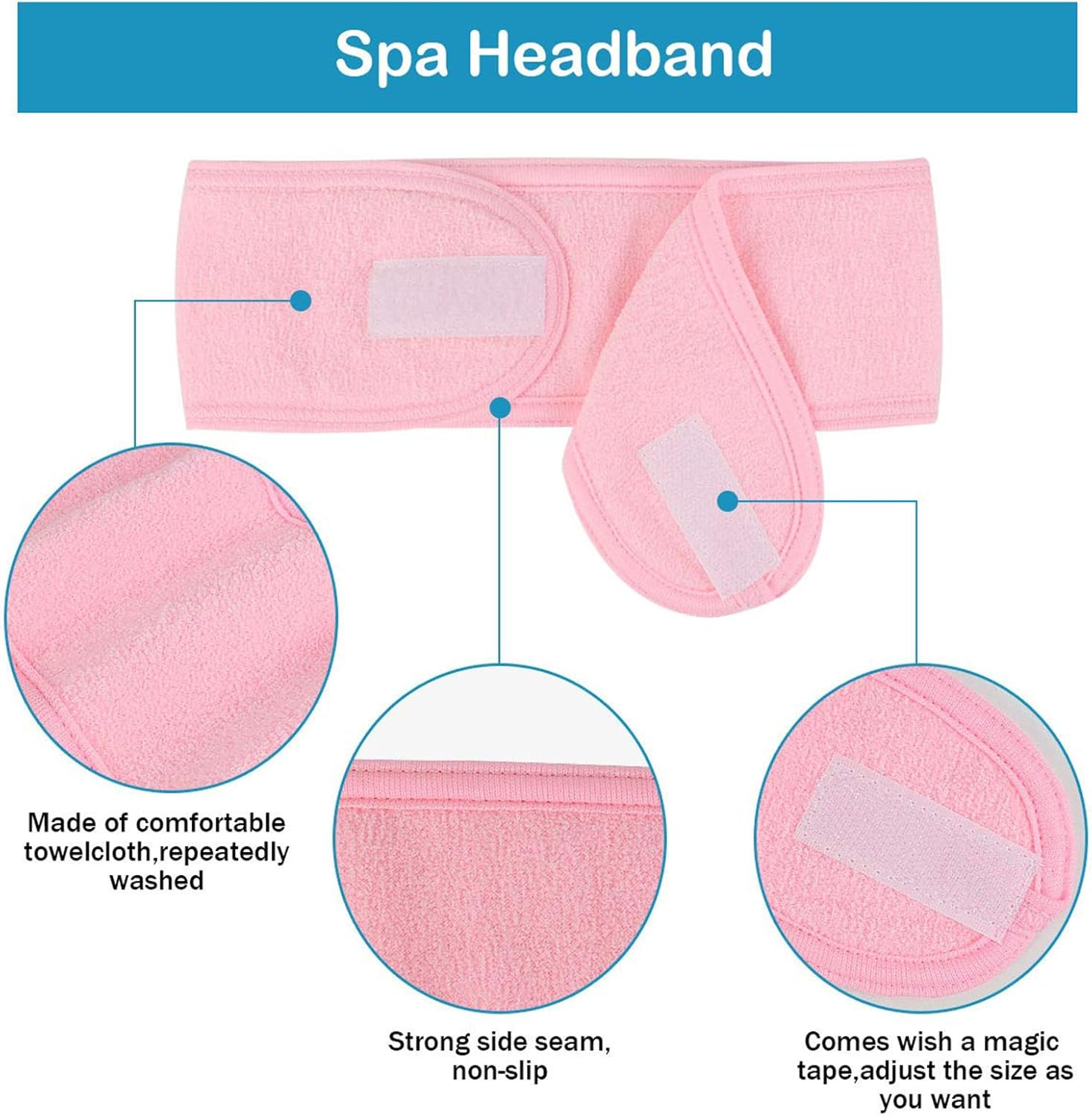 Yeanifeana 3 Pack Spa Headbands, Adjustable Soft Terry Cloth Head Wrap for Face Washing, Makeup, Shower, Facial & Yoga, Non-Slip Comfort Fit (Black, Pink, Gray) image number 2