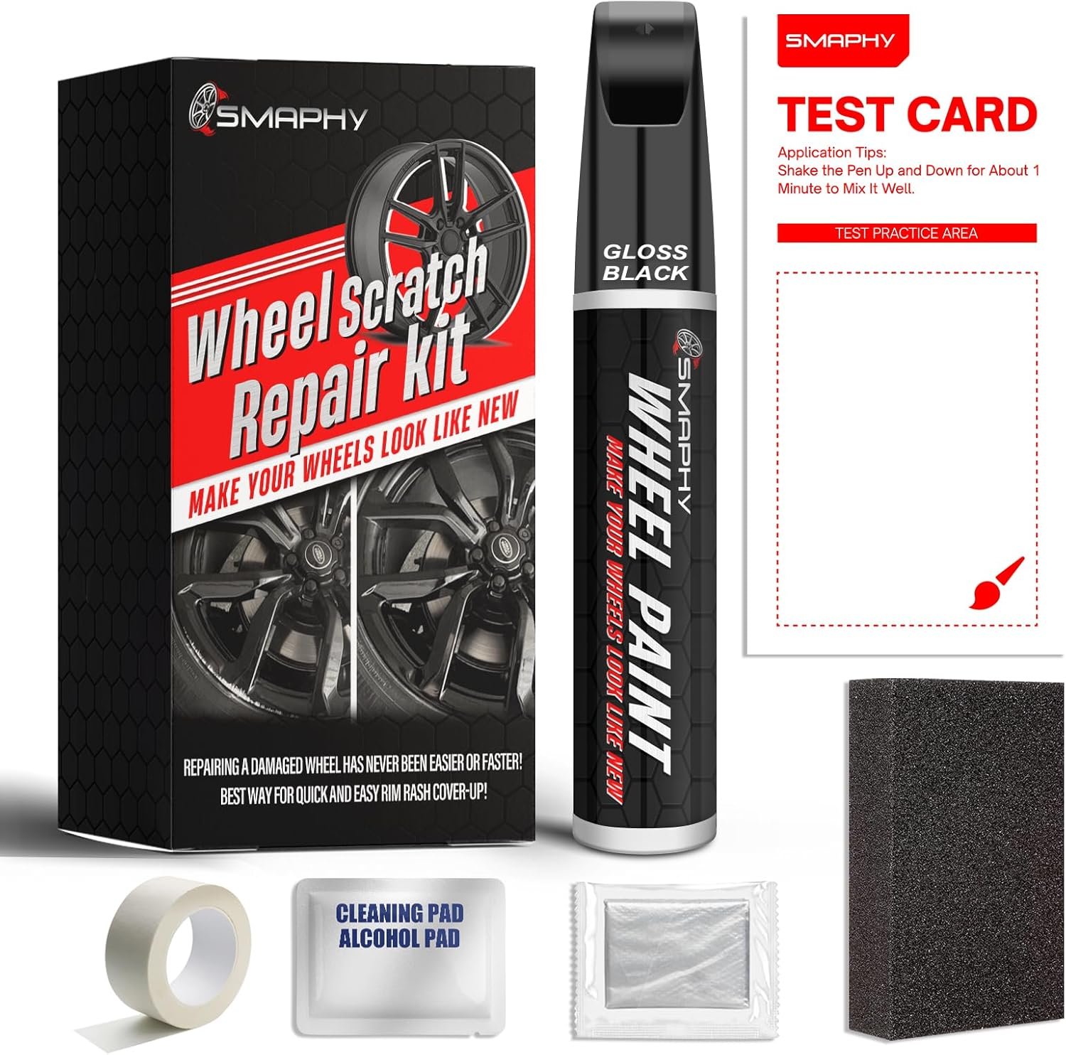 SMAPHY Wheel Scratch Repair Kit, Matte Black Rim Touch up Paint, Repair Curb Rash, Scratches, and Scuffs Quickly and Easily, Universal Color Black Wheel Paint
