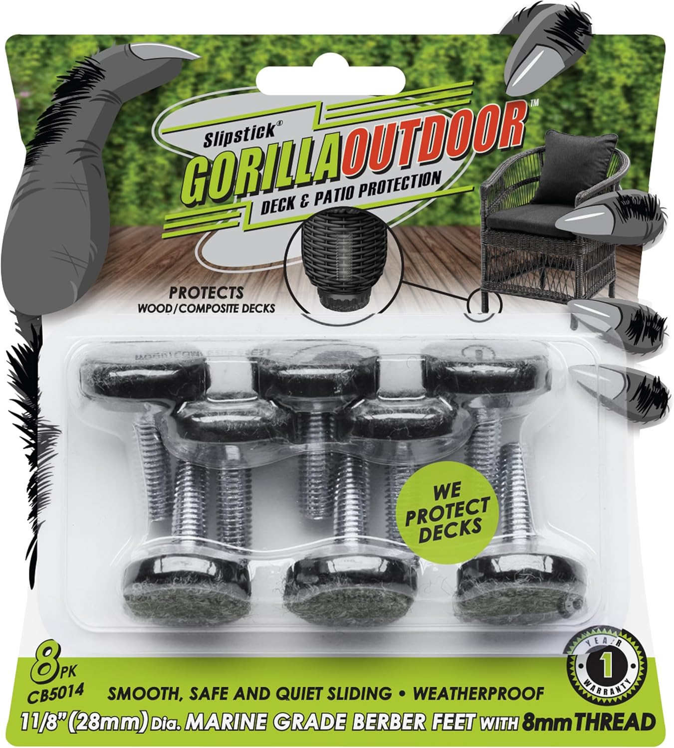 Slipstick Gorilla Outdoor Adjustable Furniture Levelers (8 Pack) Weatherproof Screw in Leg Glides for Chairs, Tables, and Outdoor Furniture Feet, 28Mm Slider Glide, M6 Thread