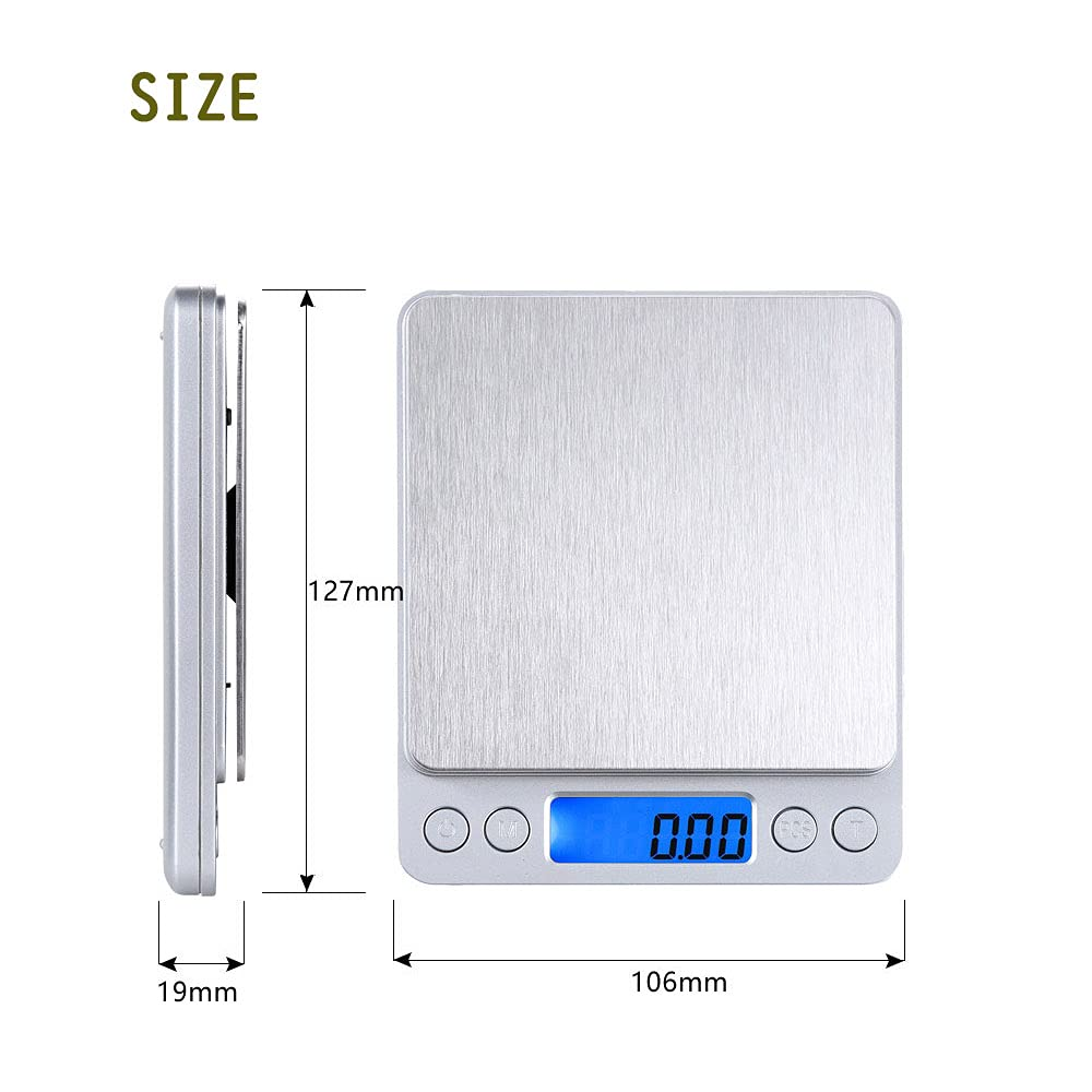 Small Digital Scale,3Kg/0.1G,Kitchen Scale,Food Scale,With Blue Backlit LCD Display, 6 Units, Auto Off, Tare, PCS Function, Stainless Steel, Battery Included,Soft Tape Included(150Cm) image number 1