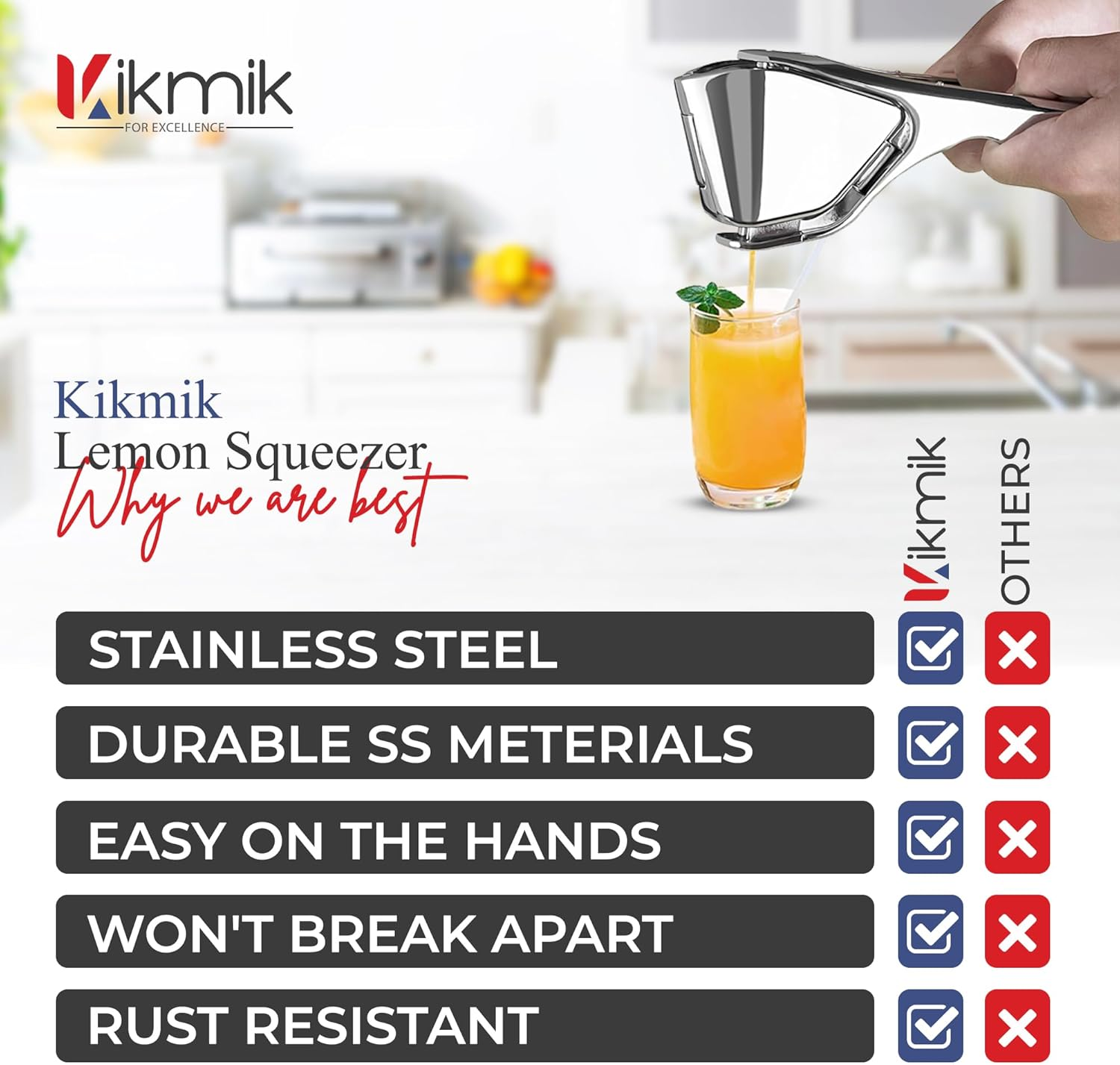 Kikmik Stainless Steel Lemon Squeezer - Handheld Citrus Squeeze Manual Juicer with Space-Saving Ergonomics Design & Sideways Pivot for Maximum Juice Yield- (Silver). image number 3