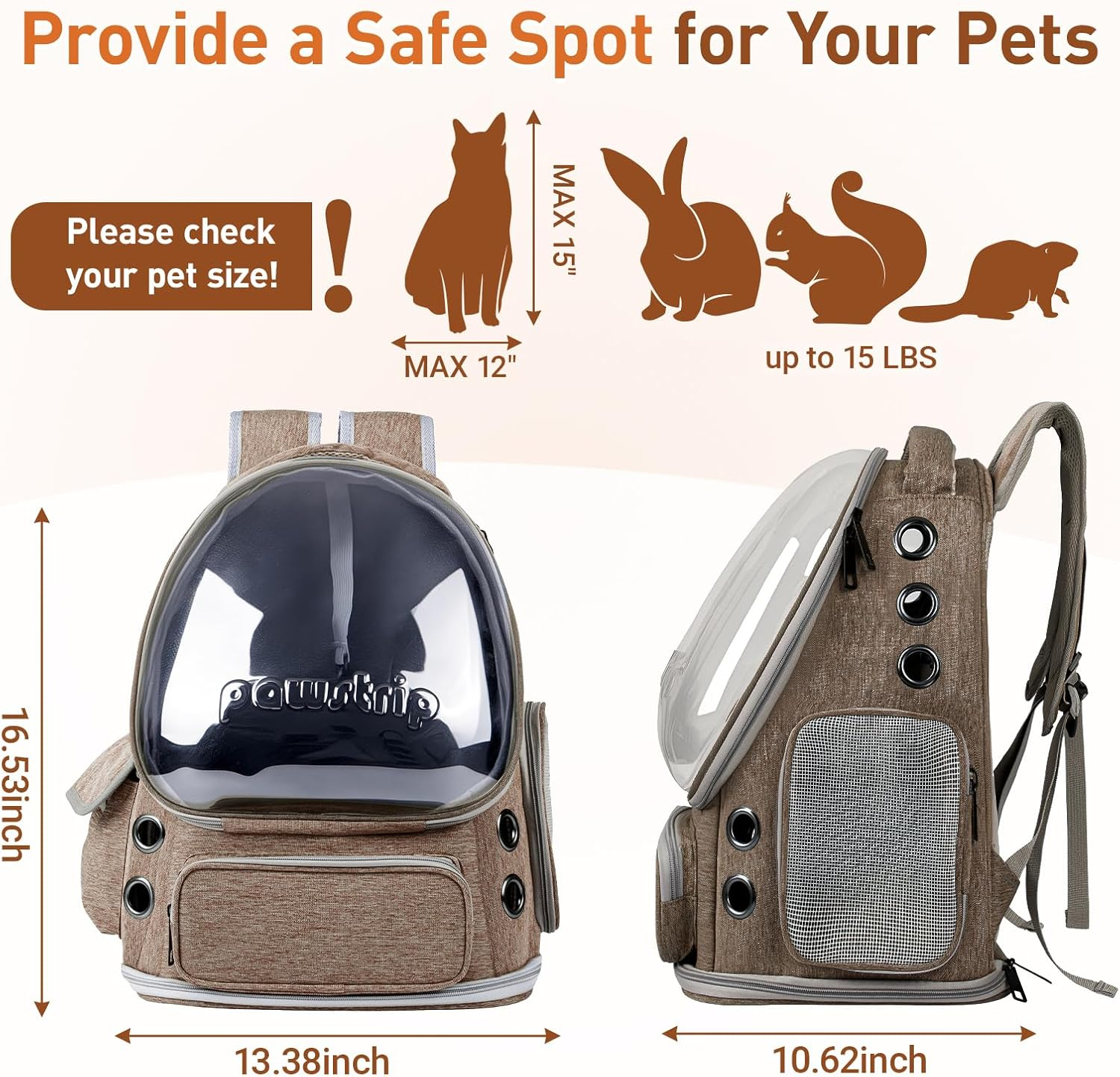 Pawstrip Cat Backpack Carrier with Large Space Bubble Window, Airline Approved Breathable Pet Carrier for Small Dogs Cats up to 15Lbs, Foldable for Travel Hiking & Outdoor Use - Black image number 2