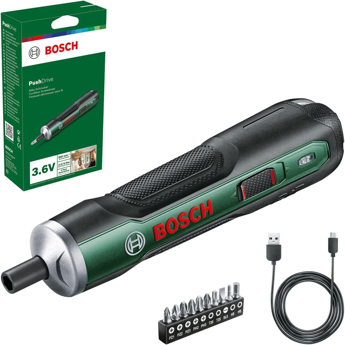 Bosch Cordless Screwdriver Pushdrive Starter Set (3.6 V; 1.5 Ah; 5.0 Nm; 10 X Screwdriver Bits; with Micro USB Cable; in Box) image number 6