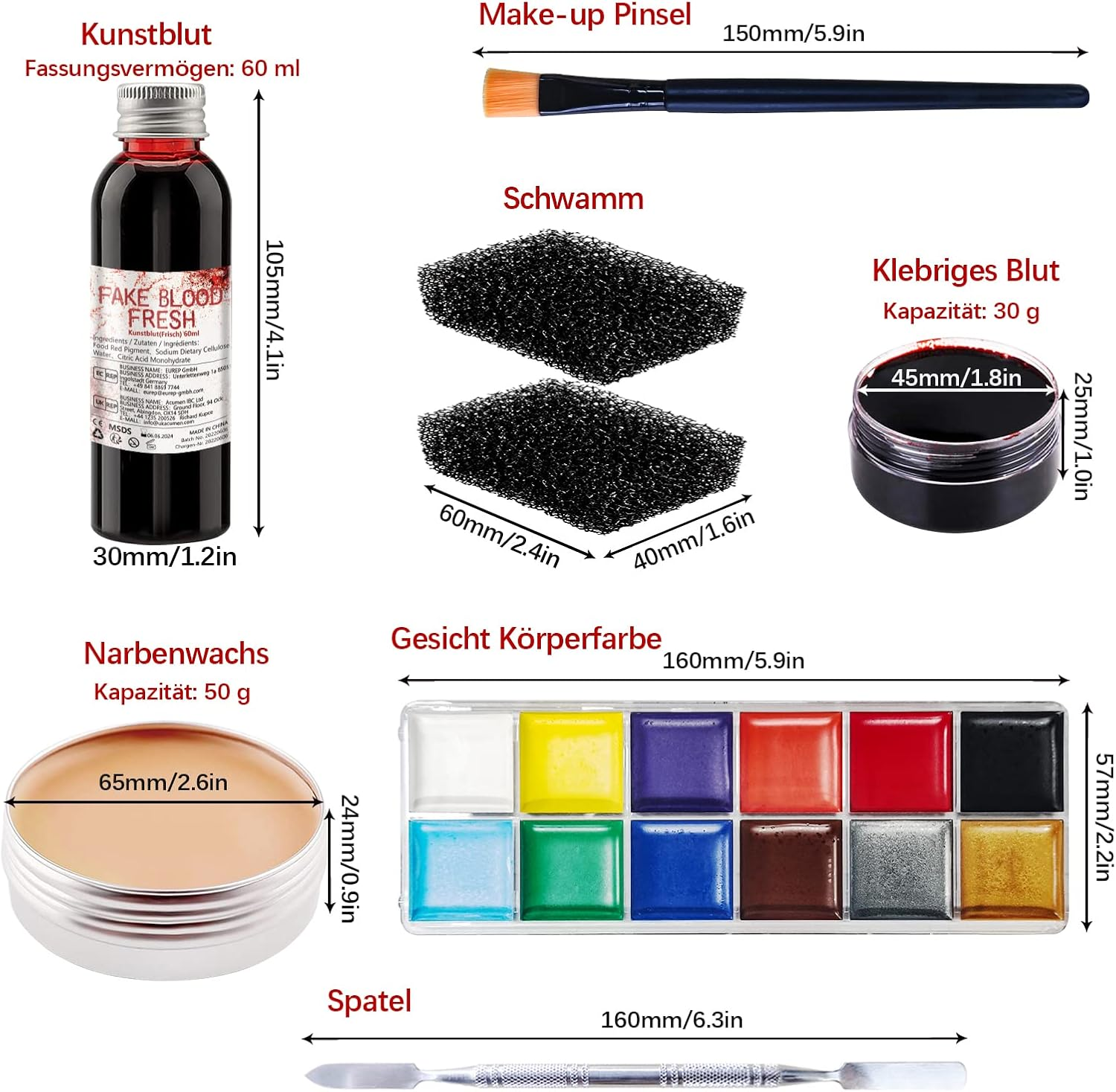 Halloween Make up Set, Artificial Blood, Encrusted Artificial Blood, Skin Wax & 12 Colours Face Painting & Sponge & Brush, for Halloween Parties, Costume Parties, Carnival, Zombie Vampire Wounds, Scars Make-Up image number 4