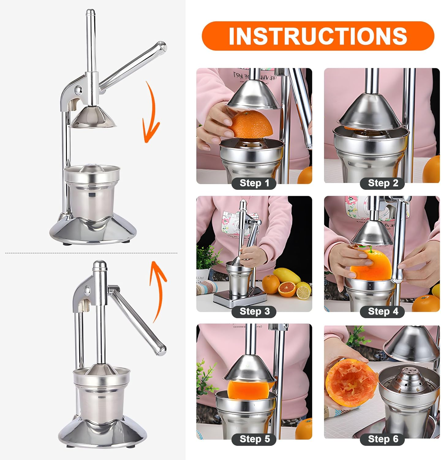 Aumerage Commercial Manual Juicer Hand Press Juice Presser, Easy to Clean, Fruit Squeezer, Citrus Juicer, Orange Juice Squeezer, Professional Citrus Juicer (Silver) image number 1