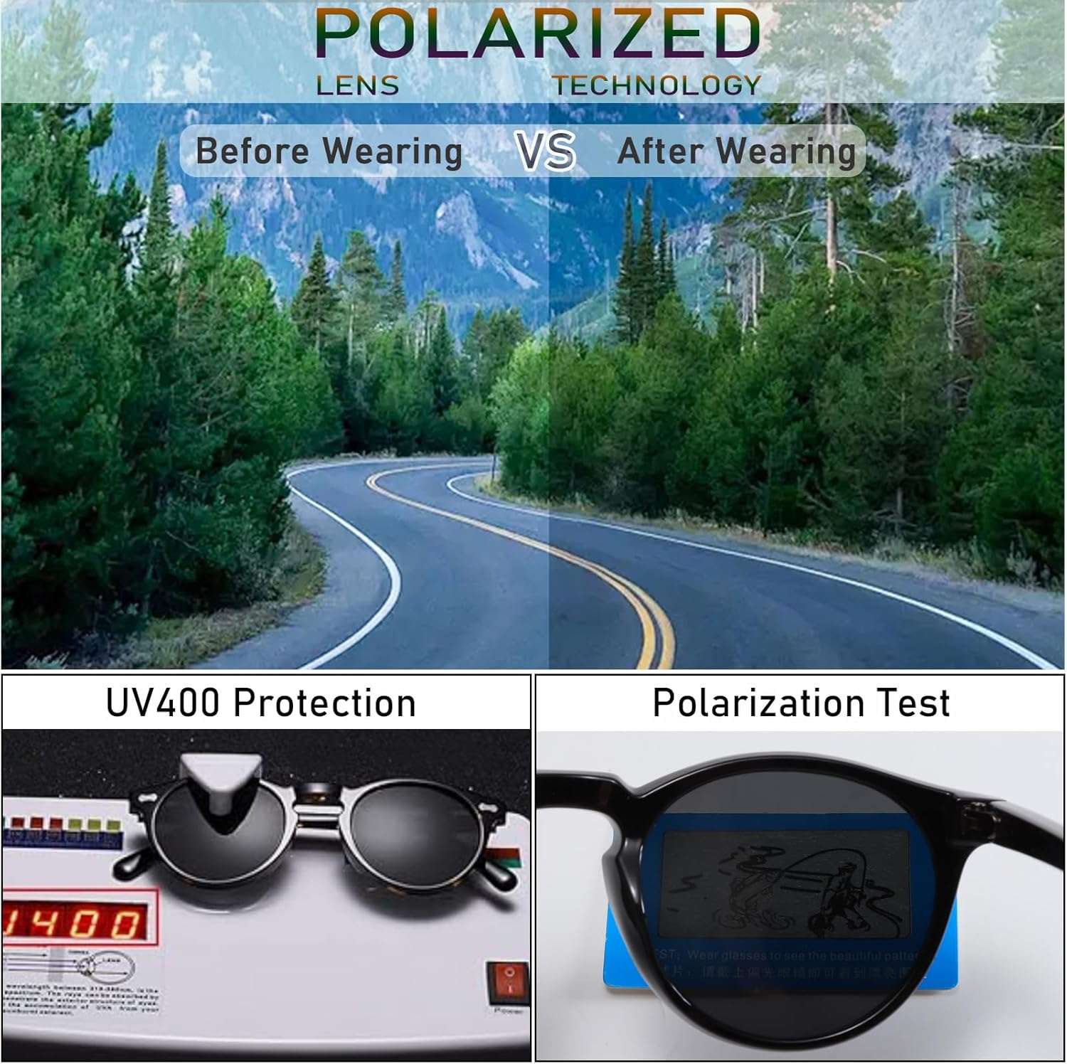 Long Keeper Retro round Polarised Sunglasses Mens Womens Small Circle Sunglasses Classic Vintage Shades Driving round Sun Glasses UV400 Protection - Clear Frame Blue Lens image number 2