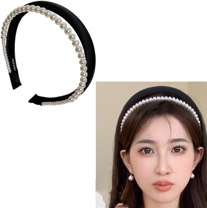 Black Padded Double Layer Headband White Pearl Headbands for Women Girls Pearl Puffy Head Band Layered Head Bands Pearls Hair Hoop Band Faux Pearl Headband Sponge Headbands image number 3