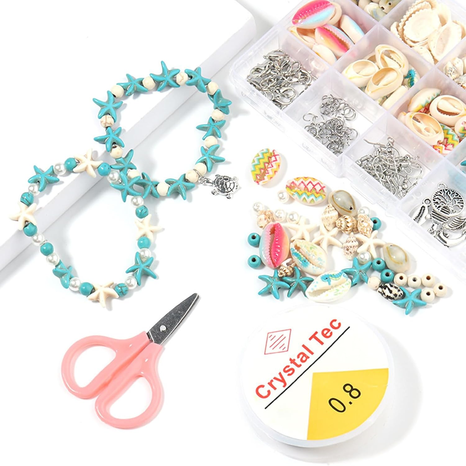 325 Pcs Ocean Jewellery Making Kit,Beach Beads Charms with Turtle Mermaid Dolphin Starfish Alloy Sea Pendants for Necklace Anklet Craft Jewellery Making (1 Set) image number 2