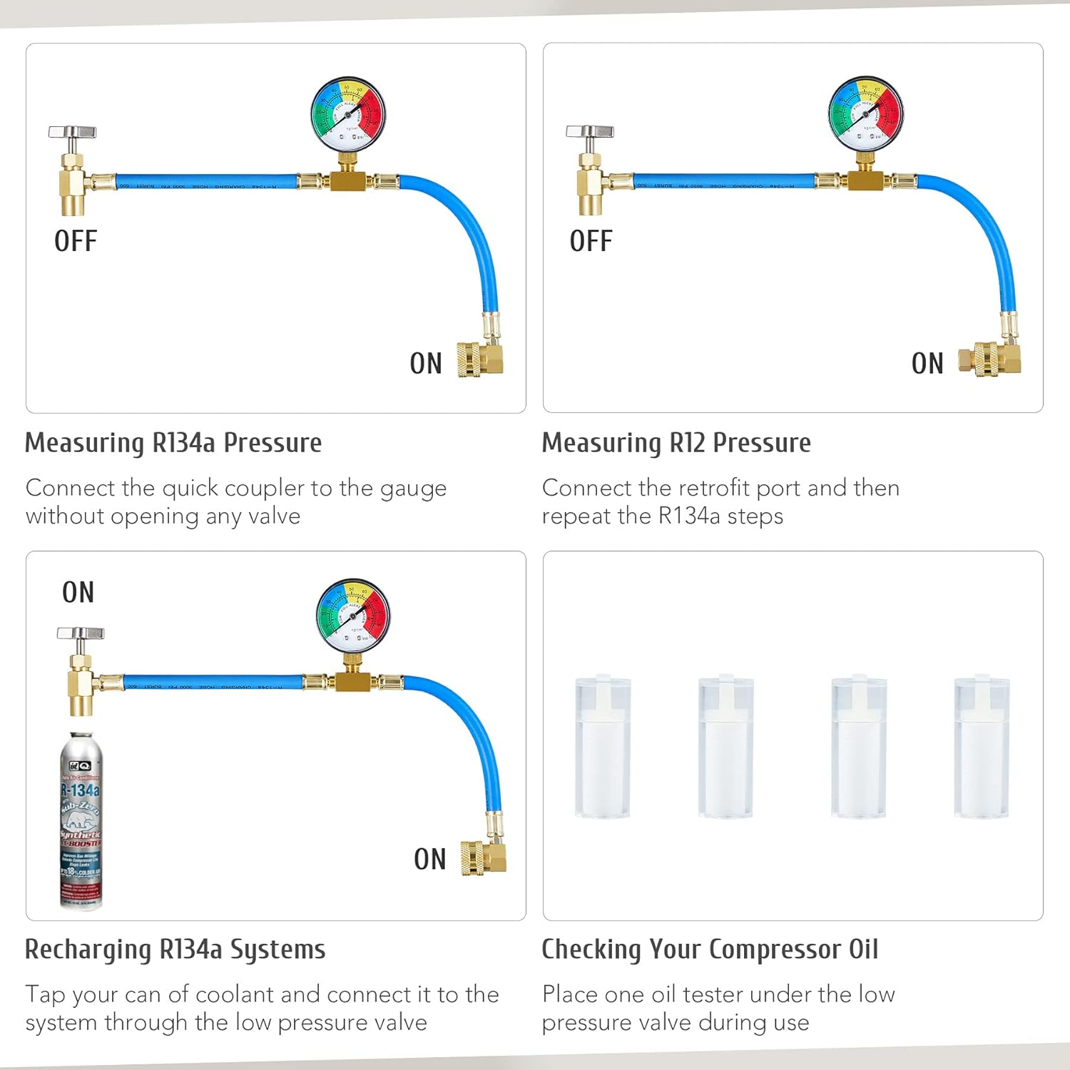 Orion Motor Tech AC Recharge Kit for R134A Systems, R134A AC Charge Kit with Hoses, Self Sealing Can Tap, and Quick Coupler, Auto AC Recharge with 4 Oil Testers and Retrofit Port image number 5