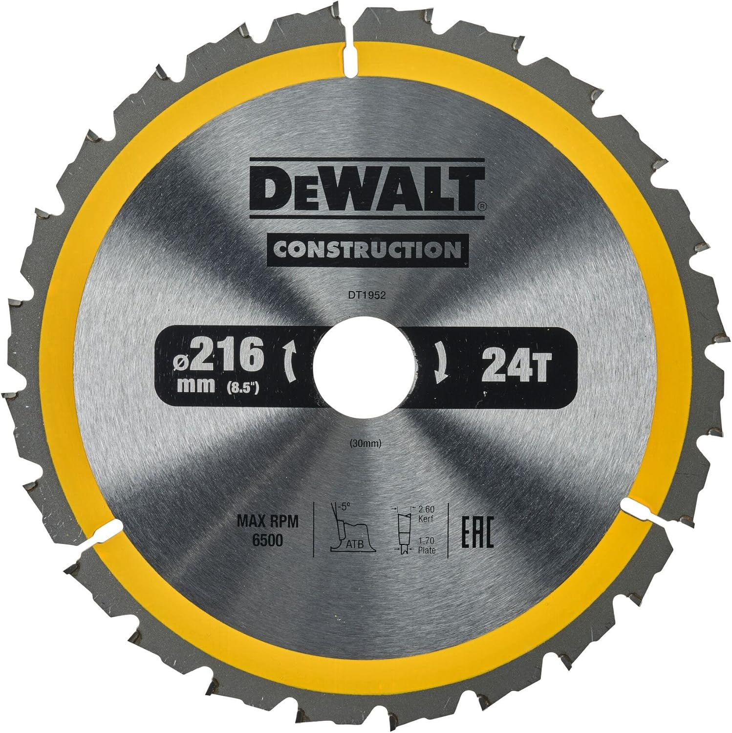 Dewalt DT1953-QZ Dt1953-Qz-Hoja Para Construcci&oacute;n 216X30Mm 40D, Yellow/Black, 216/30 Mm 40WZ image number 6