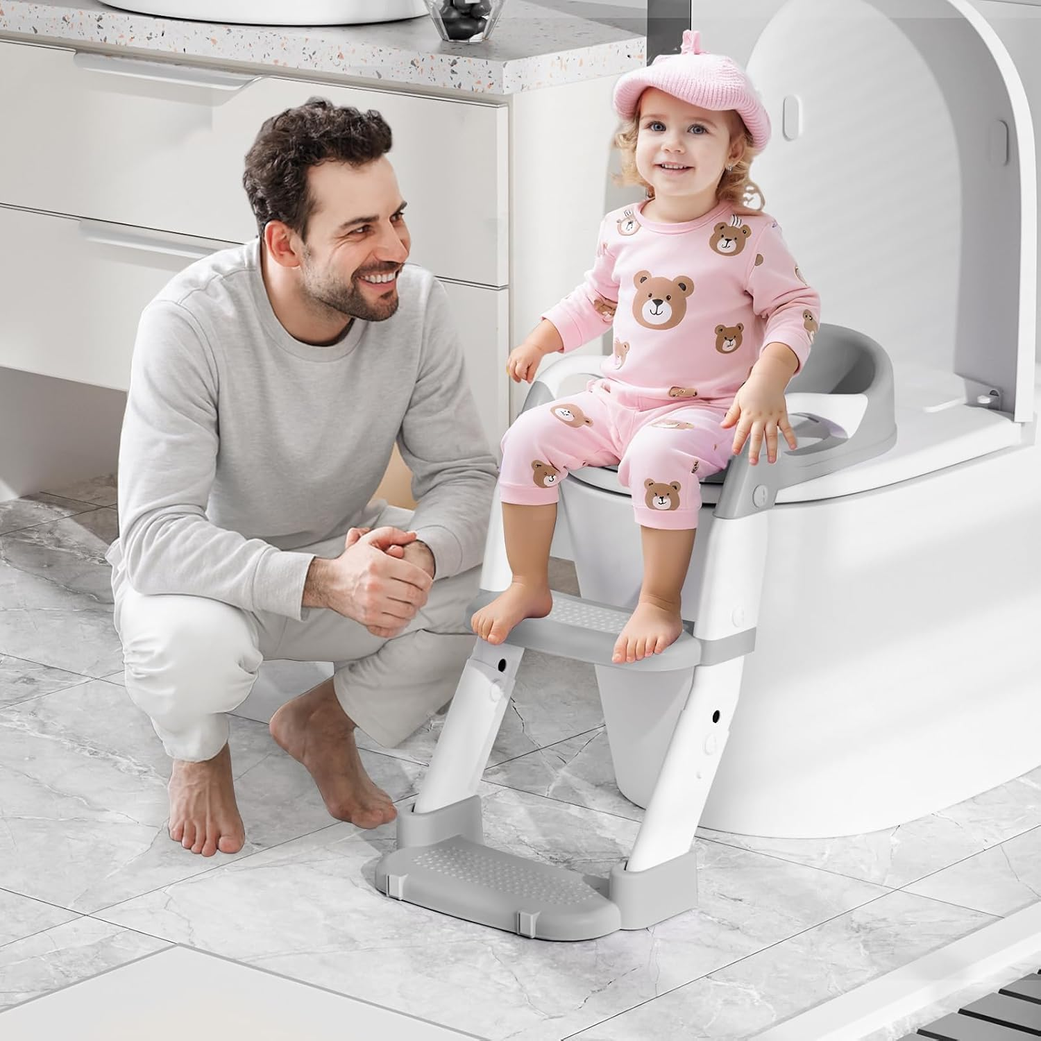 Multifunctional Toddler Potty Trainer with Adjustable Stool, 3-In-1 Potty Seat Cushion, and Step Ladder. Foldable Design with 5 Height Settings, Cushion Seat, and Non-Slip Base (Gray) image number 5