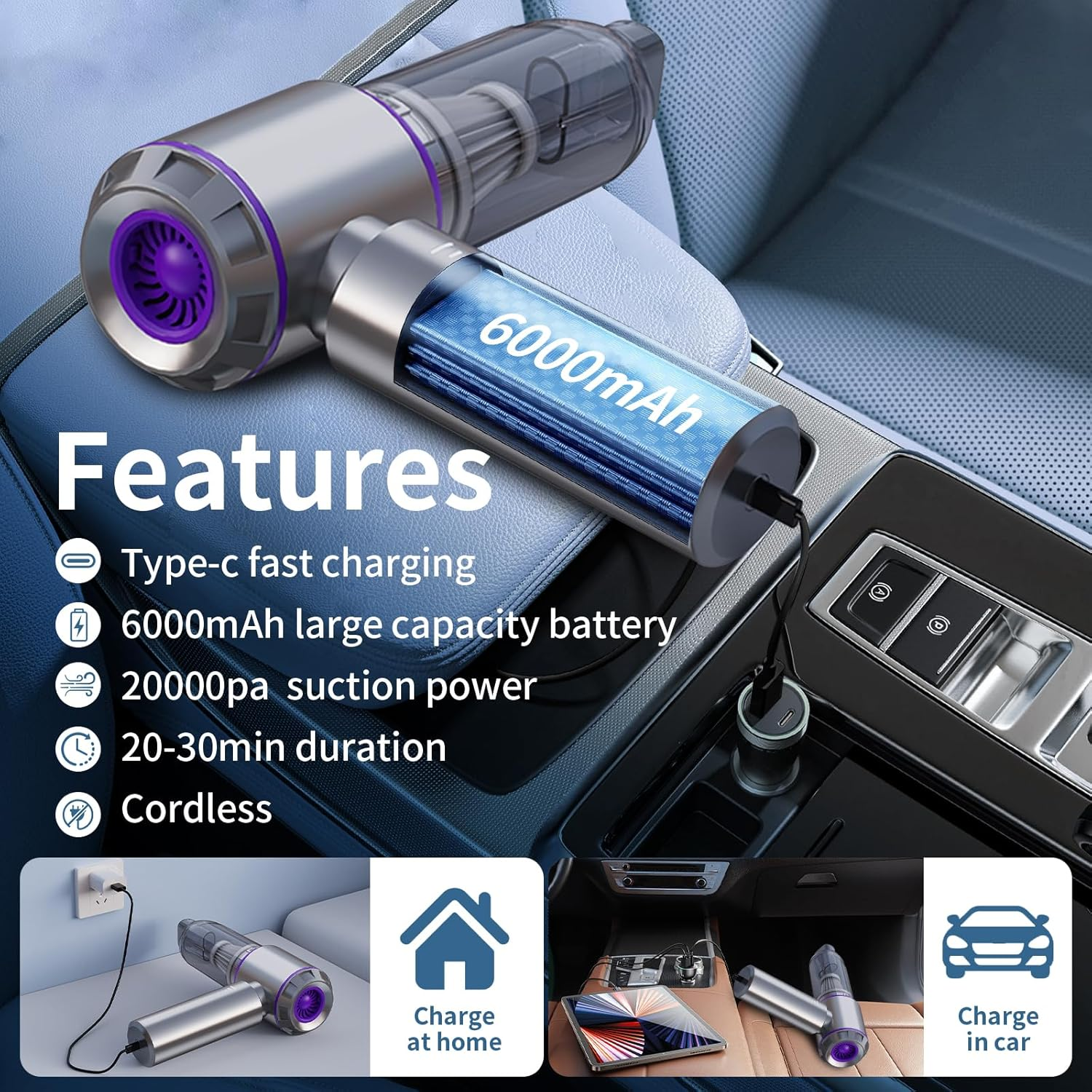 Car Vacuum Cleaner High Power 20000Pa &ndash; Cordless Handheld Mini Vacuum & Air Duster for Car Detailing, 3-Speed Brushless Motor, 6000Mah Battery, Aspiradora Para Carro, Home Office Camping image number 4