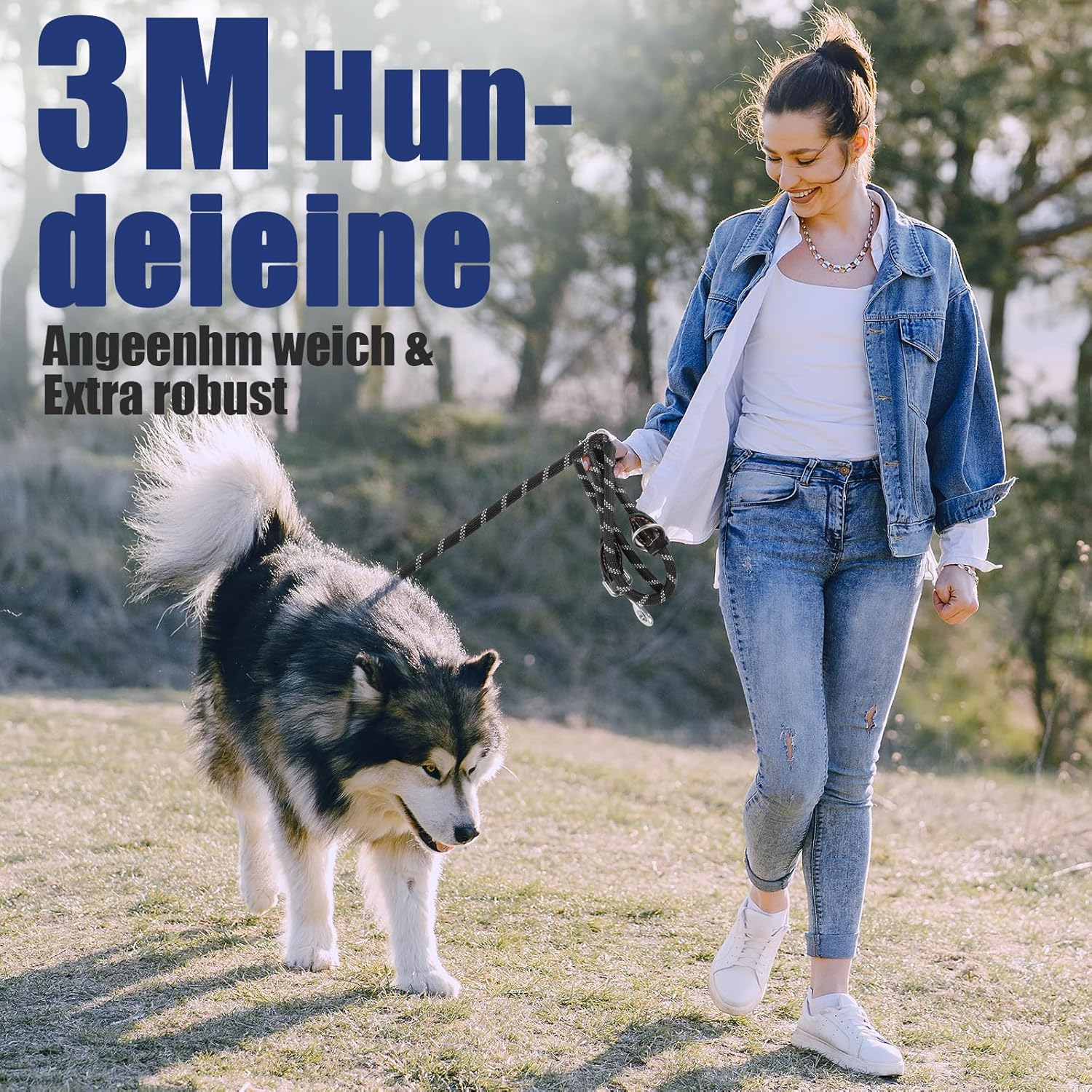 Dog Lead for Large and Medium Dogs, Adjustable Dog Lead 3 M with Reflective Strips, Nylon Double Lead, Thickened Free Leads with 2 Carabiners Thanks to the Extreme Force up to 200 Kg, Black image number 4