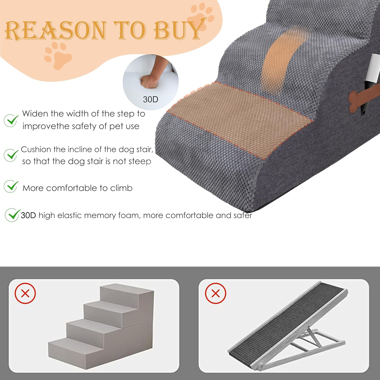 Dog Stairs Ramp for Small Dog, 3-Tiers Dog Steps Suitable for Bed and Couch,Non-Slip Pet Stair for Small Dog Cat and Elderly, Injured Pets, Removable Washable Cover (Grey, 4-Step H:45CM, 4) image number 3