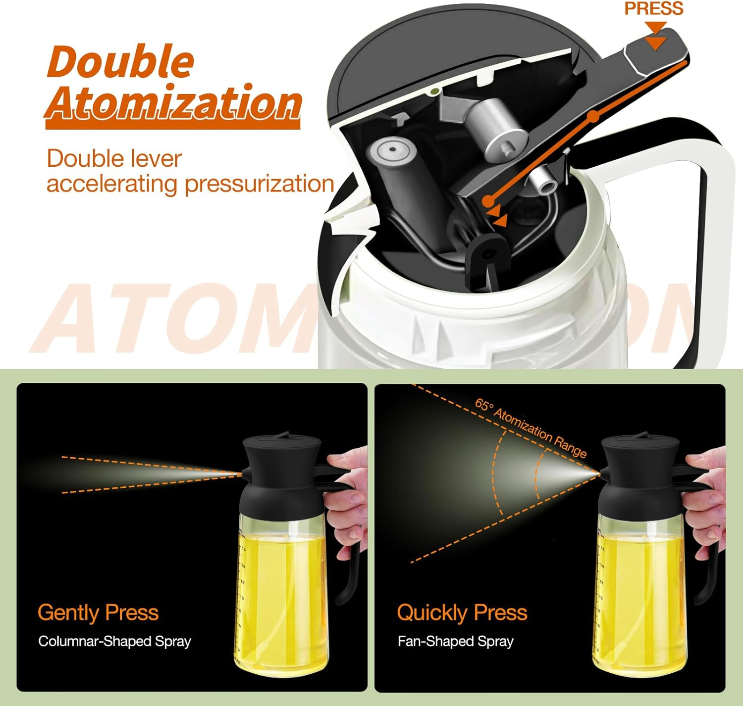 YARRAMATE Large Capacity Oil Bottle 18Oz/550Ml Olive Oil Sprayer Mister with Measuring Scale, 2-In-1 Glass Bottle Dispenser for Cooking, Pour and Spray, Kitchen Use for Air Fryer, BBQ (Black & White)