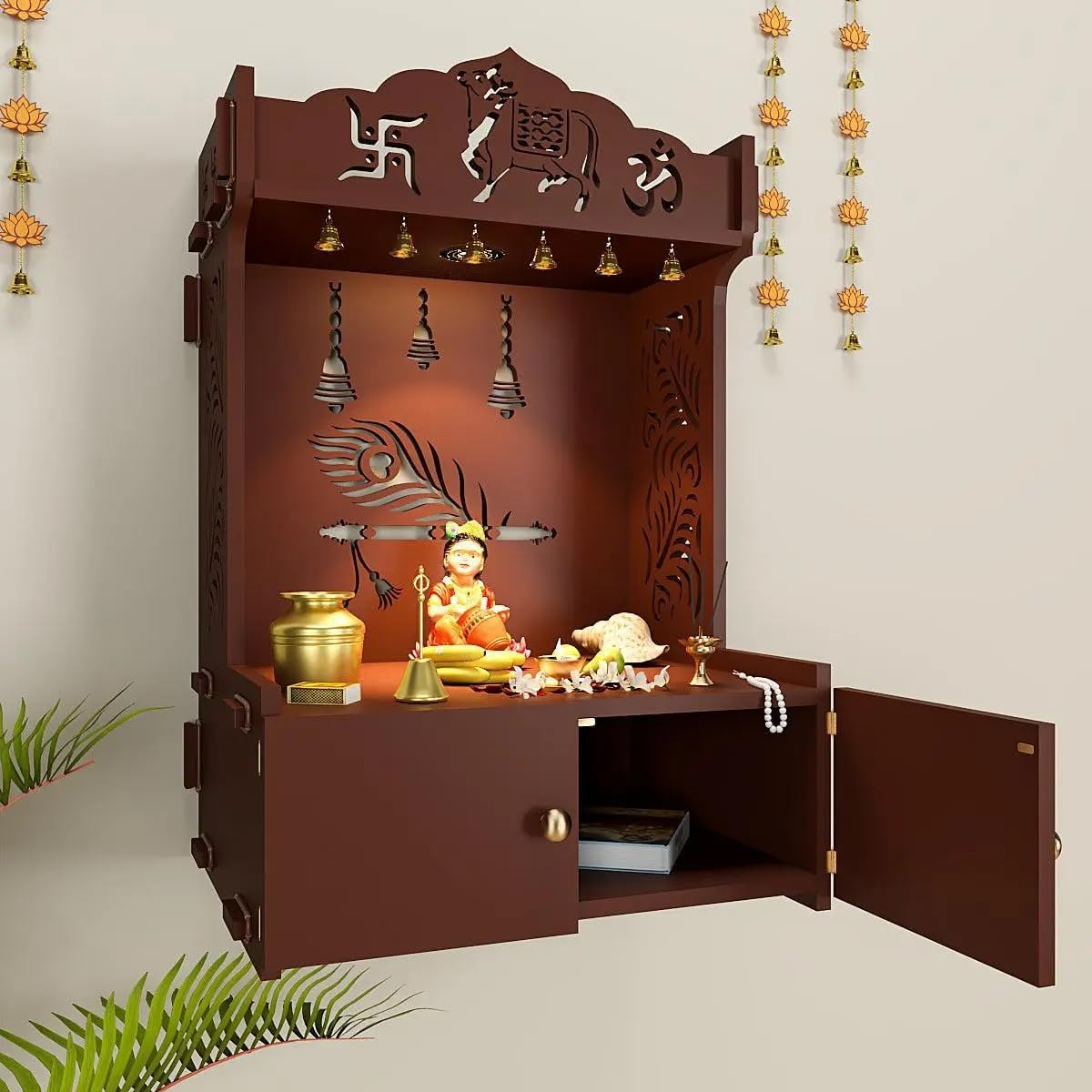 Krishna'S Grace Mor Pankh Wooden Home Temple for Serenity with Inbuilt Focus Light - Walnut Color image number 3