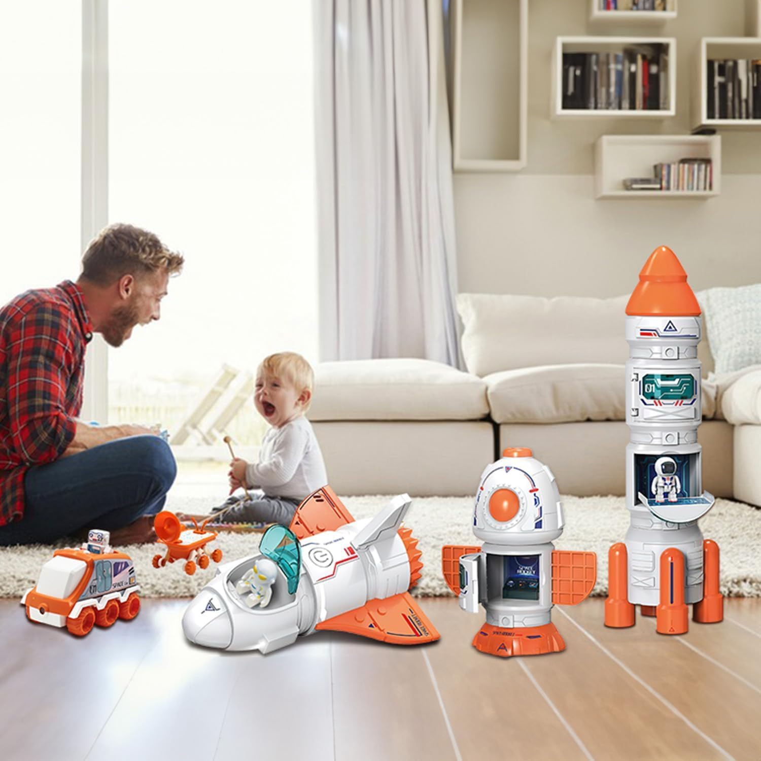 Space Toy for Kids Rocket Ship Toys with Space Shuttle, Astronaut Figures, Space Rover, Spaces Station, 5 in 1 Spaceship Toy for Boys 3-8, Aerospace Model Space Figure Toys with Sound & Lights image number 3
